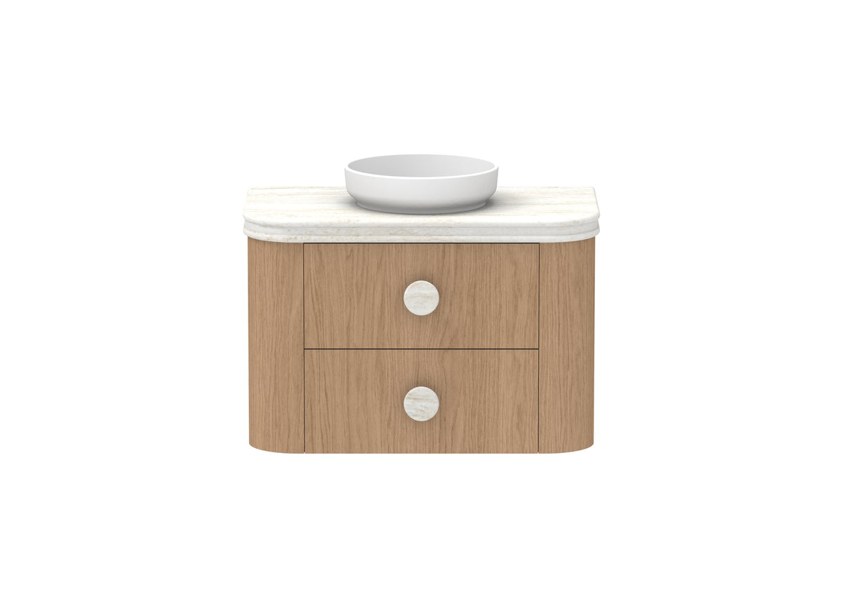 ADP Thea Wall Hung Vanity 900mm centre bowl in Boston Oak, Royale benchtop, front view