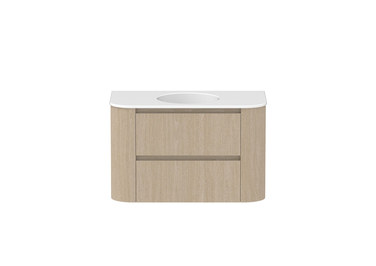ADP Thea Wall Hung Vanity 900mm centre bowl in Coastal Oak, ceramic top, front view