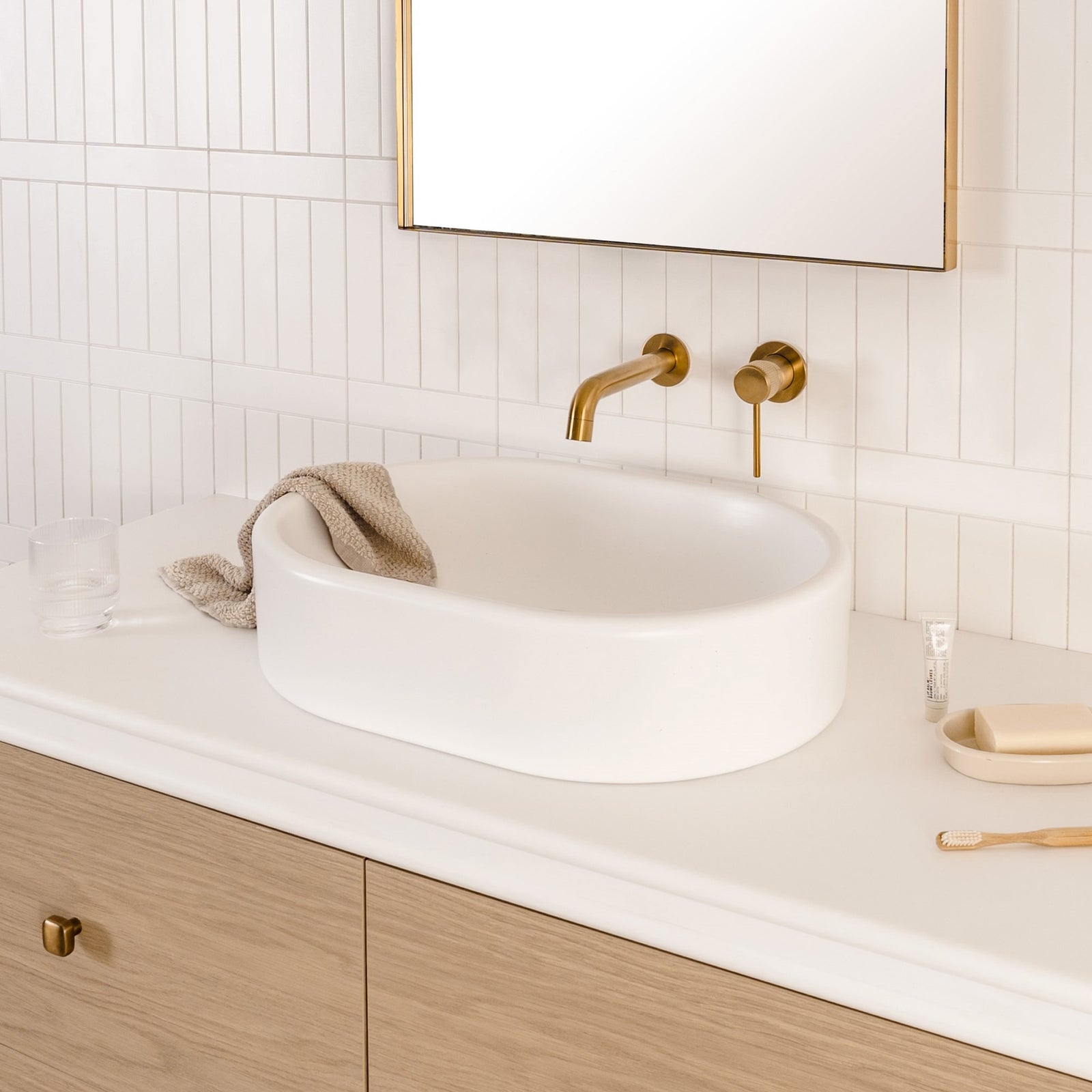 ADP Werri Basin in Matte White installed on a vanity benchtop, second view