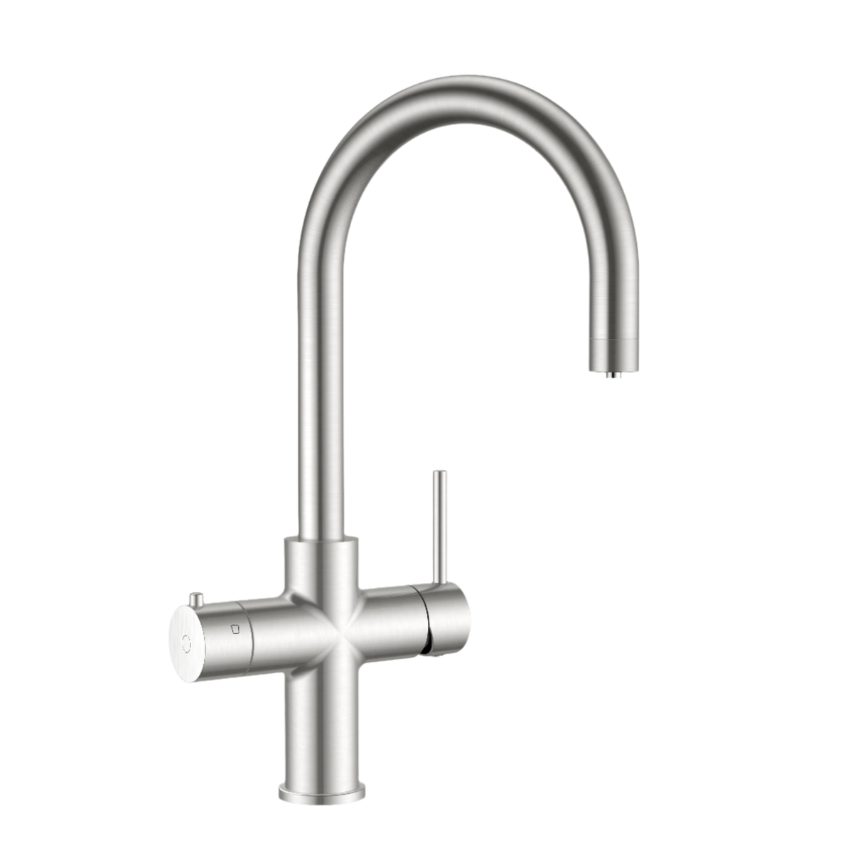 Alia Global 4-in-1 instant hot filtered water tap in brushed nickel on a transparent background, showcasing a premium water dispenser with instant boiling feature and child safety lock.