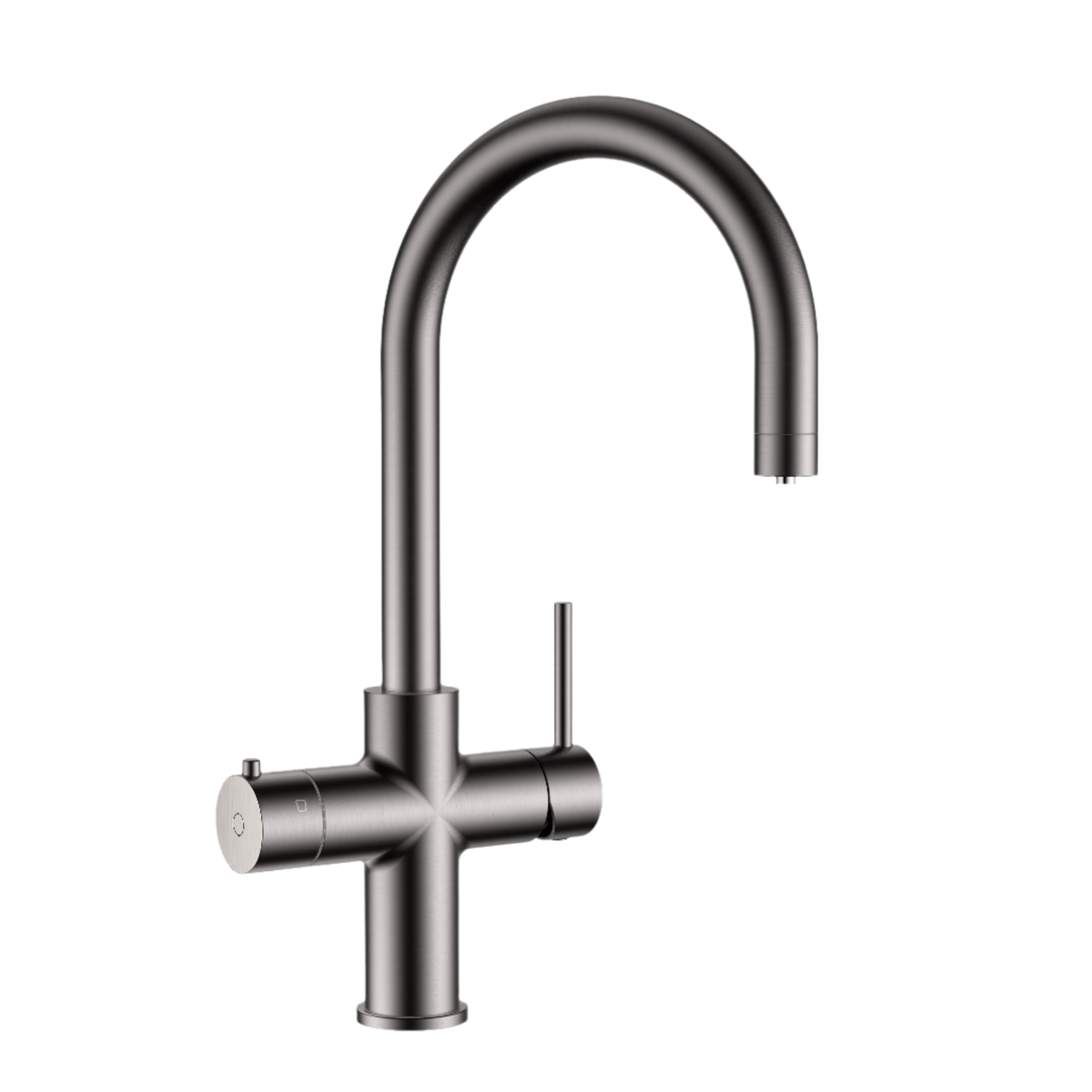 Alia Global 4-in-1 instant hot filtered water tap shown in gunmetal grey on a transparent background, designed for premium filtered and instant boiling water supply.
