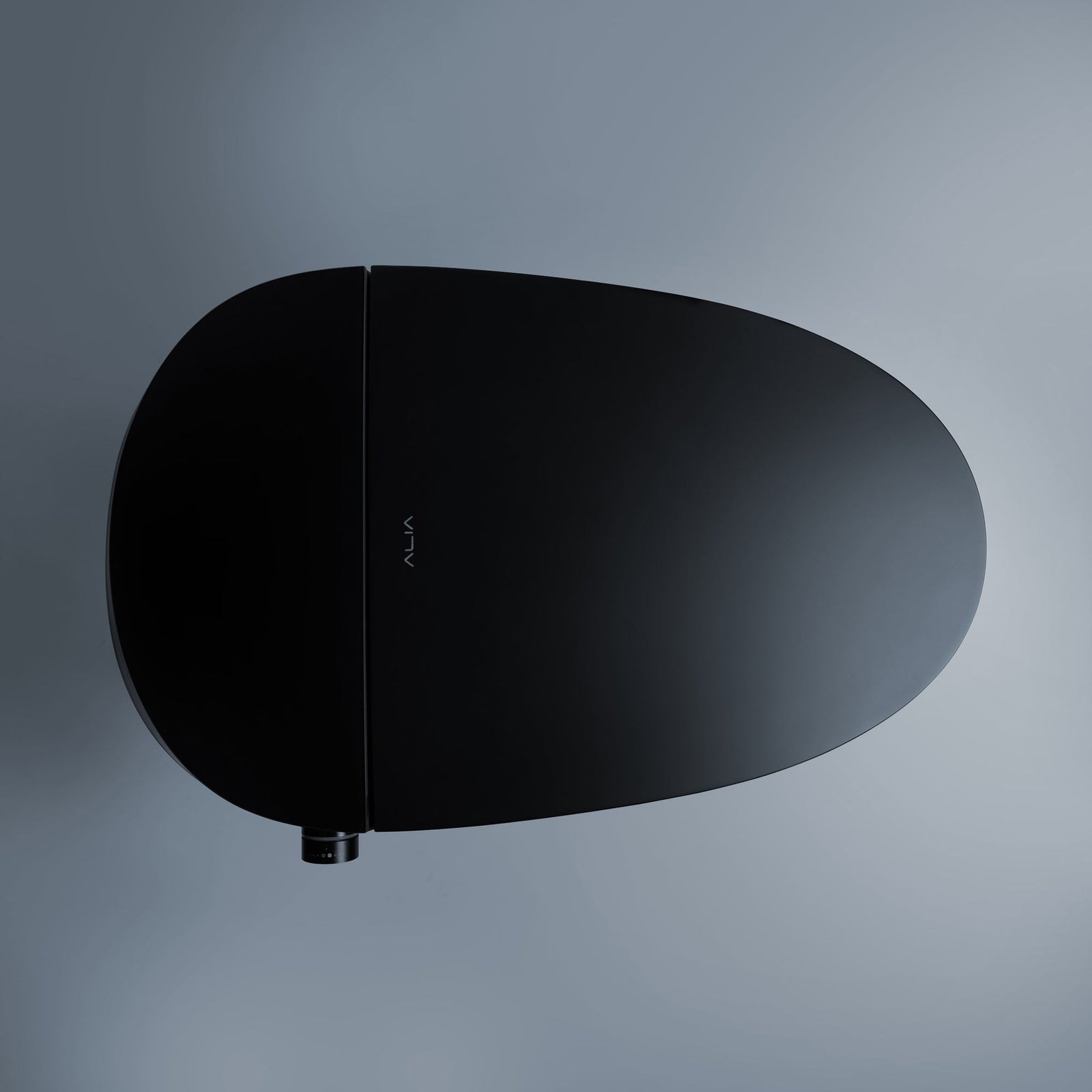 Matte black Alia Smart Toilet with integrated bidet shown from an top, emphasizing its slim build and refined finish for stylish, smart bathrooms.