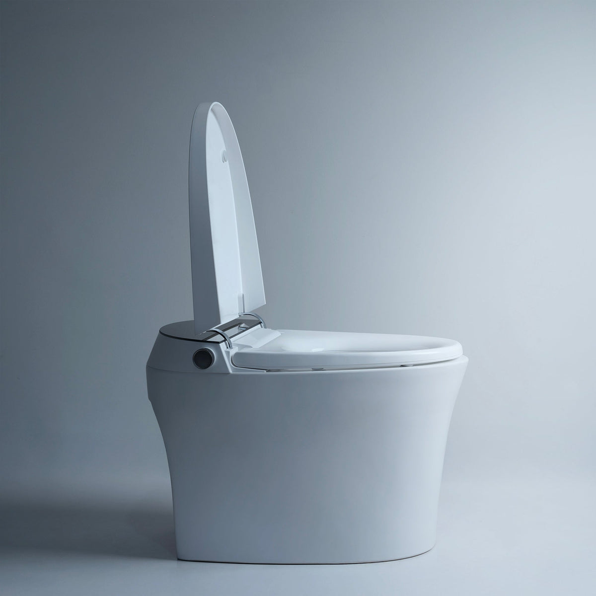White Alia Smart Toilet with lid open, integrated bidet functionality and intuitive electronic controls, ideal for contemporary bathrooms seeking smart toilet solutions.