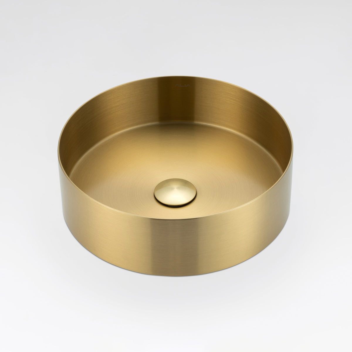ALIA brushed gold round stainless steel basin designed for premium, space-saving bathroom vanities with a modern aesthetic.