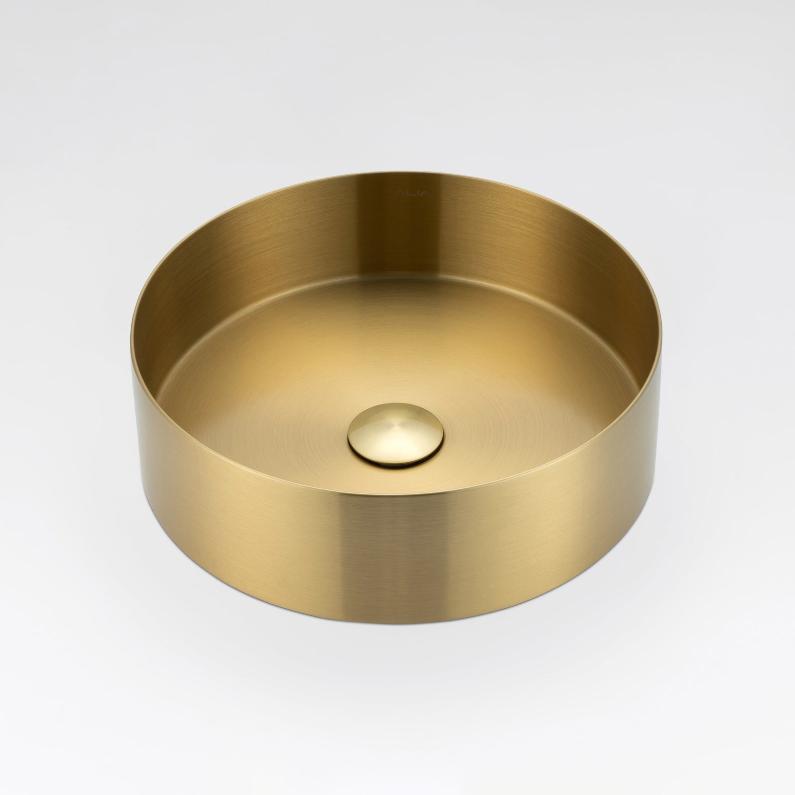 ALIA brushed gold round stainless steel basin designed for premium, space-saving bathroom vanities with a modern aesthetic.