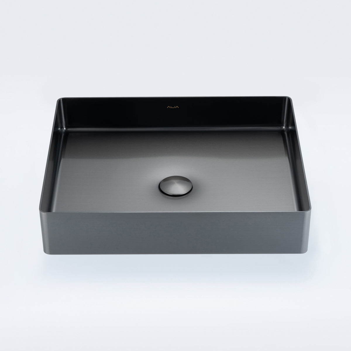 ALIA rectangular stainless steel bathroom basin in gunmetal grey displays a sleek, hygienic design, perfect as a feature sink in residential or commercial bathroom remodels.