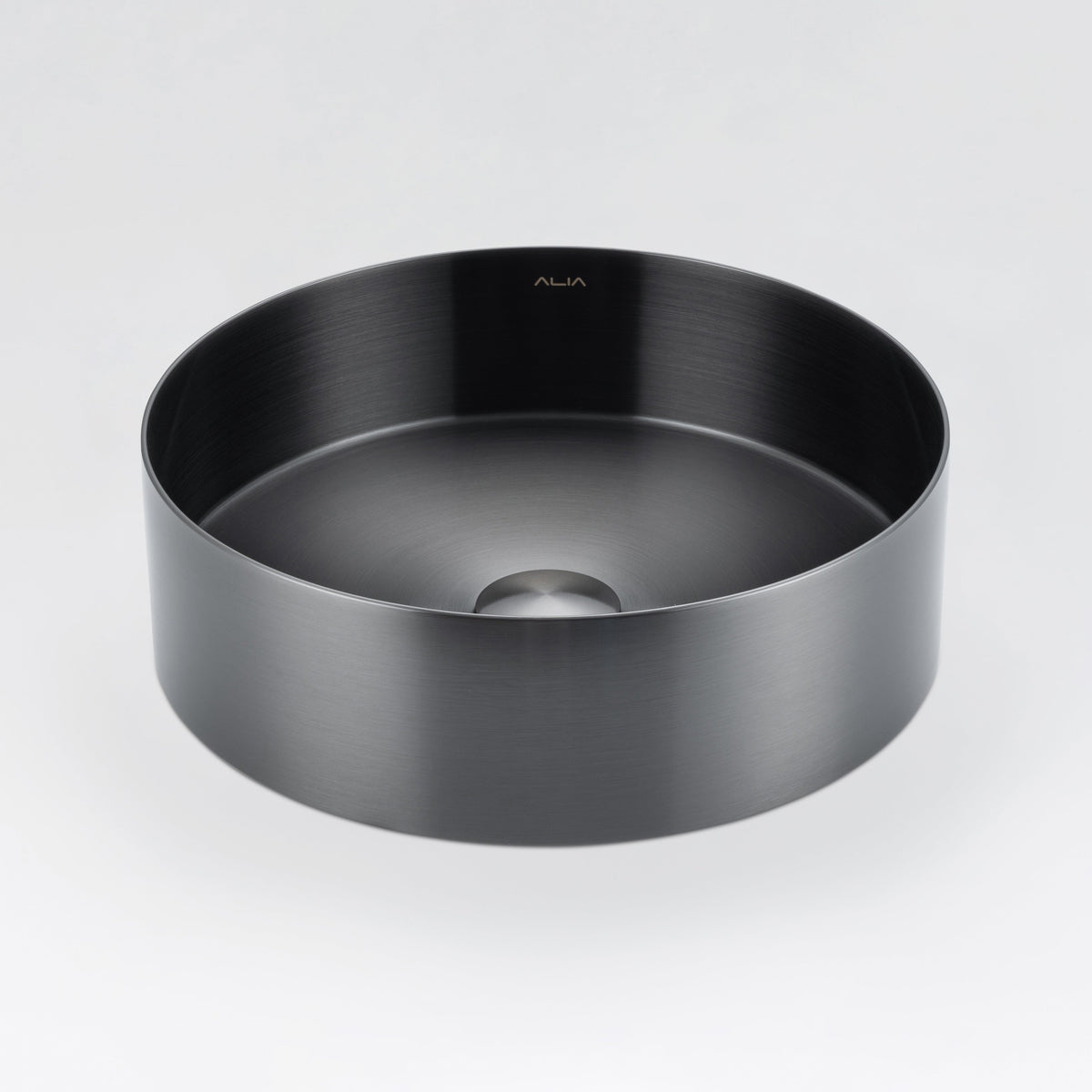 Modern ALIA above-counter bathroom basin featuring sleek gunmetal grey stainless steel for a premium look. Black round sink on a light grey background.