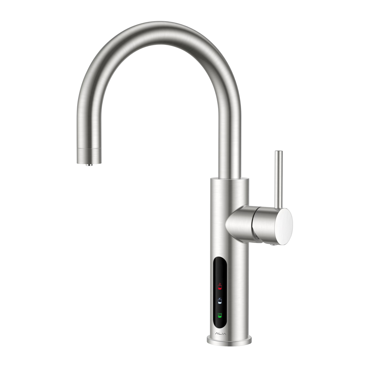 Alia X51 instant hot, cold, and sparkling filtered water tap in brushed nickel, presented on a transparent background, ideal for contemporary kitchen water filtration systems.