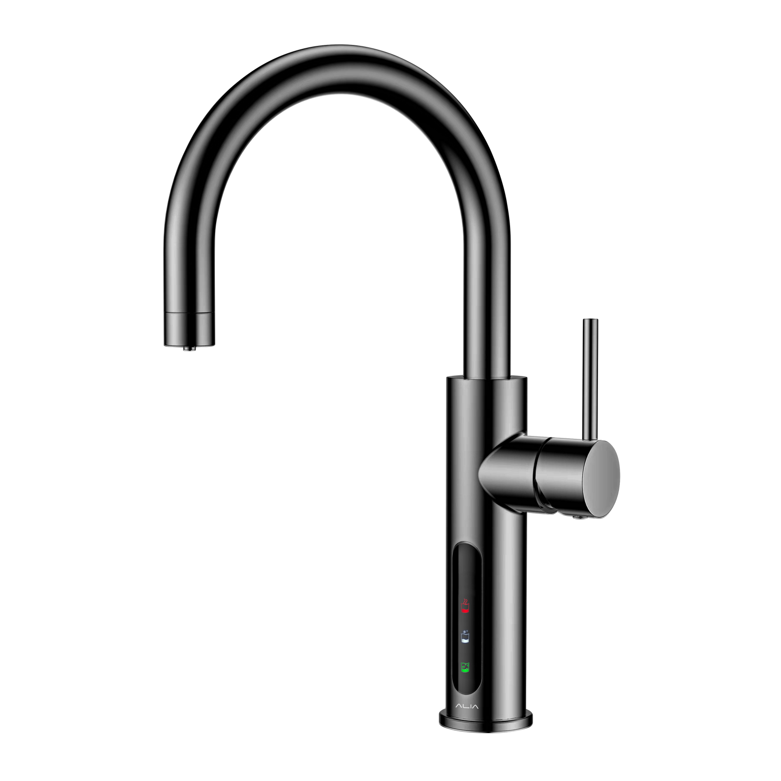 Alia X51 instant hot, cold, and sparkling filtered water tap in gunmetal grey on a transparent background, perfect for sophisticated kitchen water filtration demands.