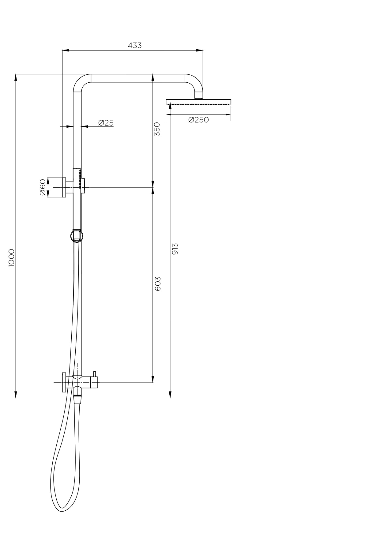 Arcisan Dual Inlet Squareline Shower Column Ø250mm Head, Tubular Brass Hand Shower