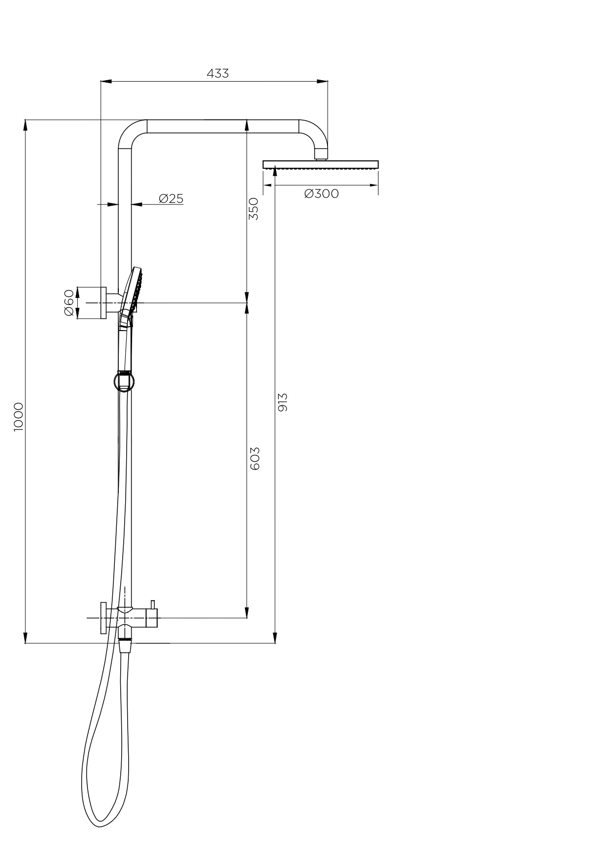 Arcisan Dual Inlet Squareline Shower Column Ø300mm Head, Fusion Air Push Button Hand Shower