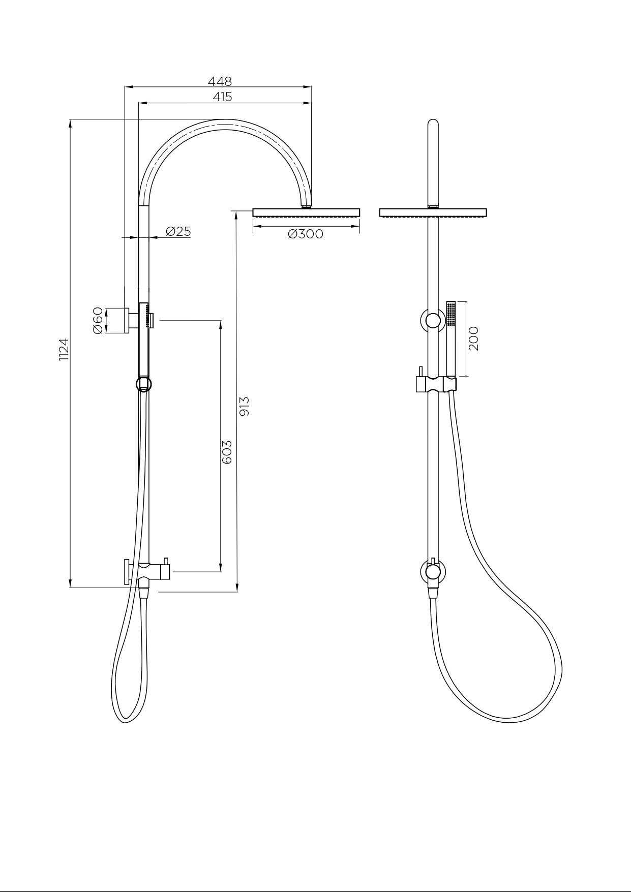 Arcisan Dual Inlet Goose Neck Shower Column Ø300mm Head, Tubular Brass Hand Shower