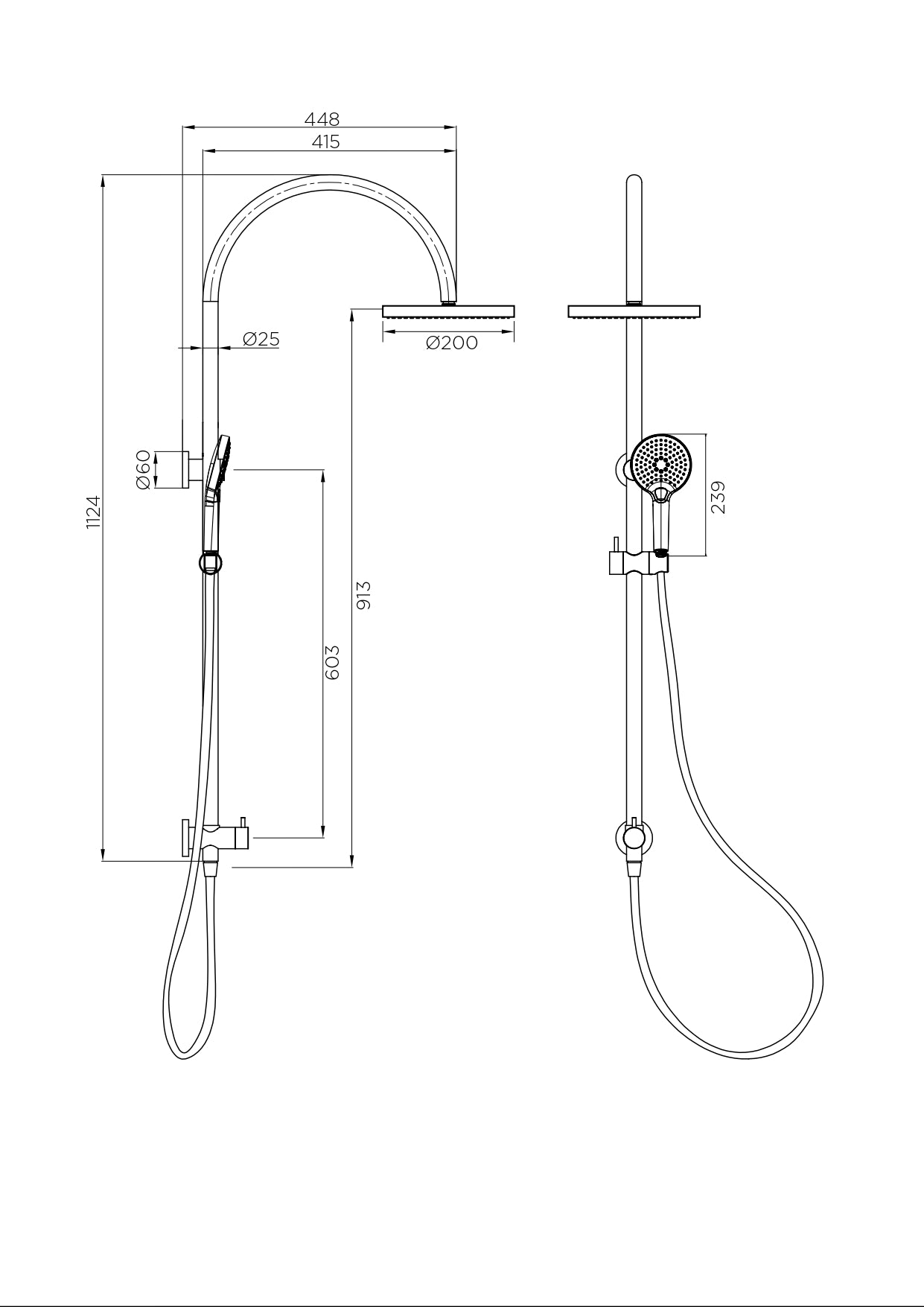 Arcisan Dual Inlet Goose Neck Shower Column Ø200mm Head, Fusion Air Push Button Hand Shower