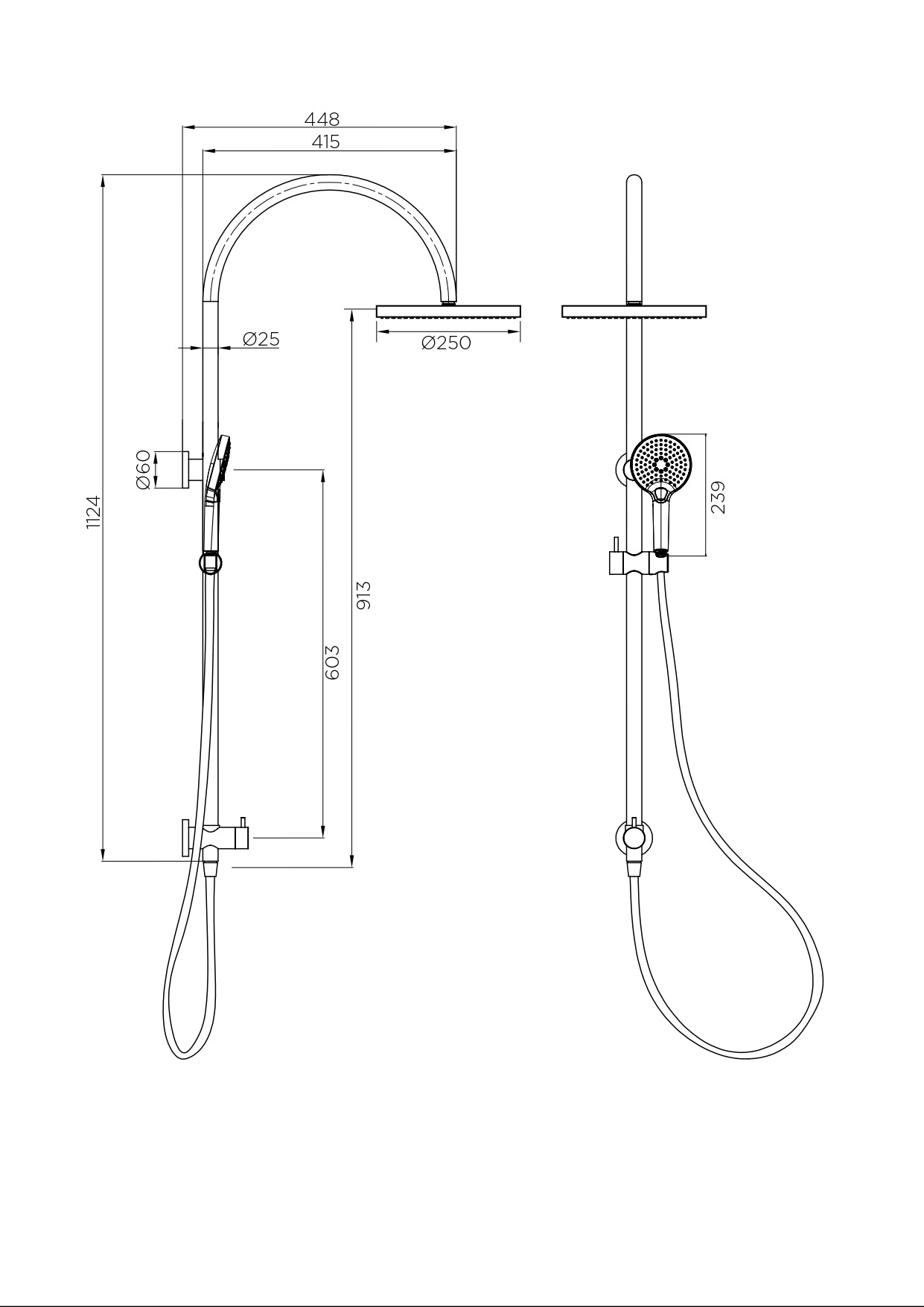 Arcisan Dual Inlet Goose Neck Shower Column Ø250mm Head, Fusion Air Push Button Hand Shower