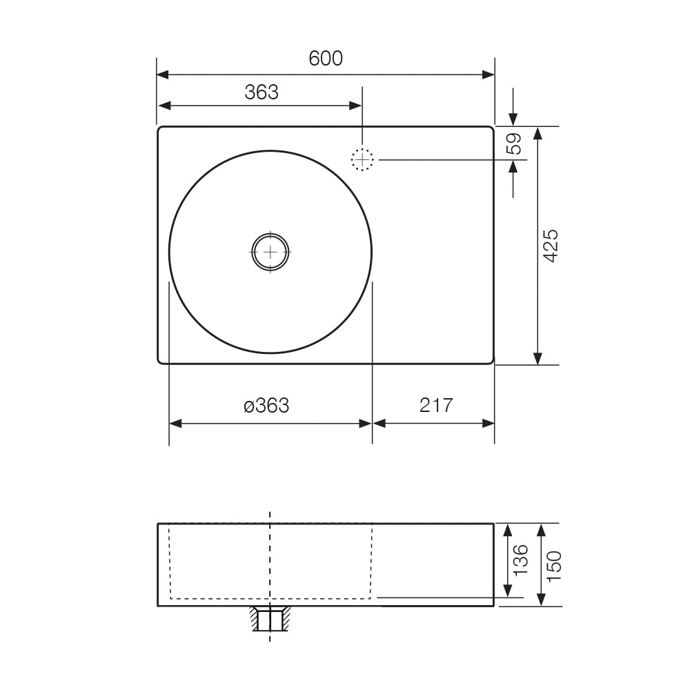 Arcisan Plaza 600 x 425 Wall Hung Basin - Left Hand Bowl