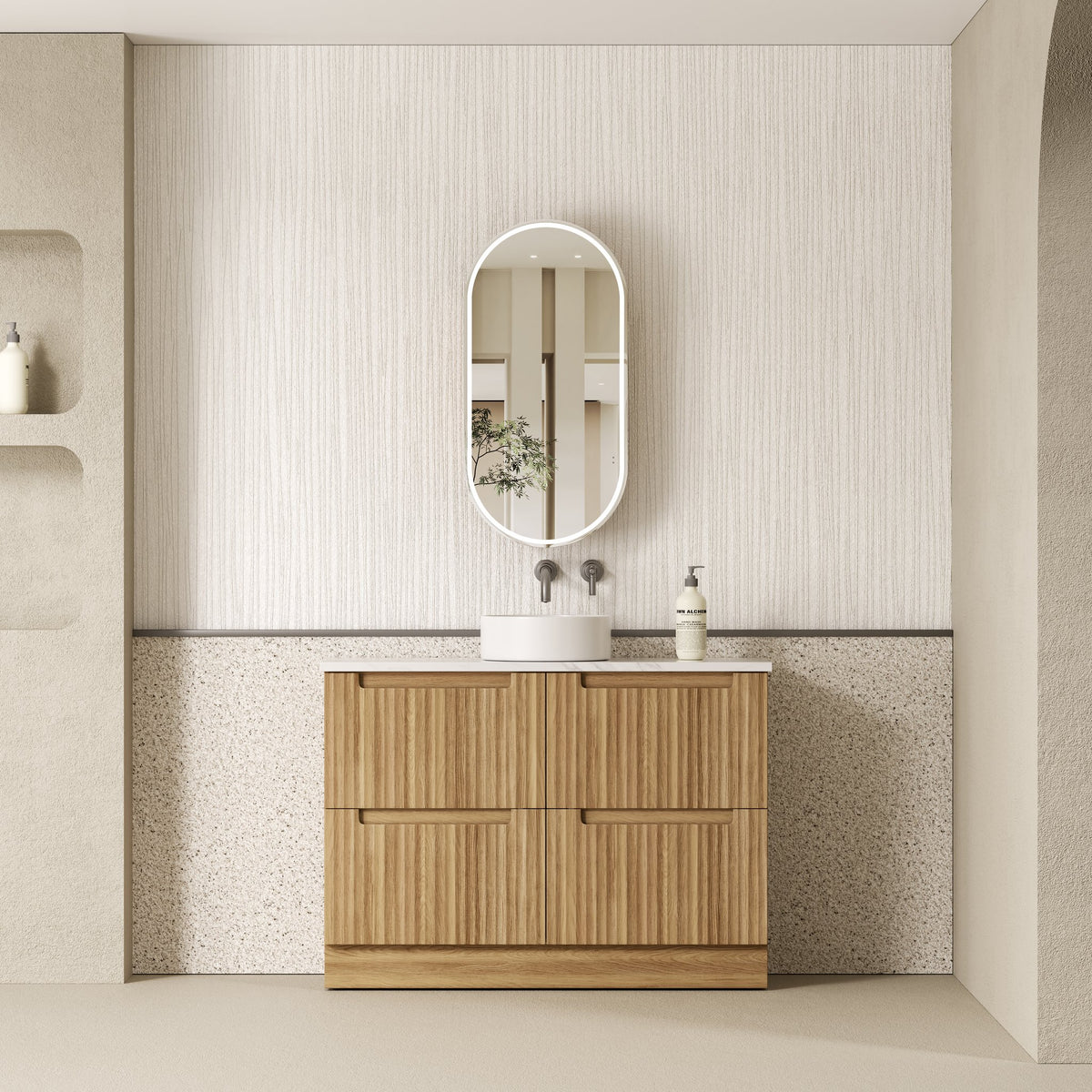 Aulic Lovina Floor Standing Vanity 1200mm in Harvest Oak, styled bathroom