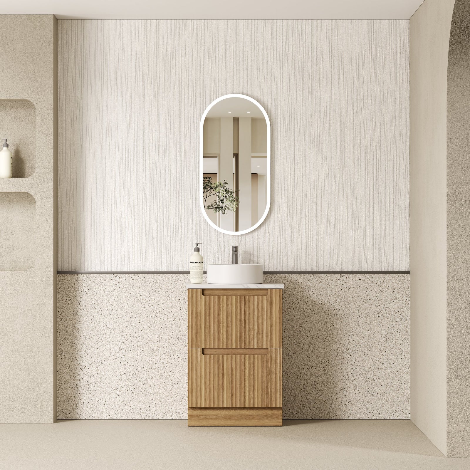 Aulic Lovina Floor Standing Vanity 1200mm in Harvest Oak, styled bathroom