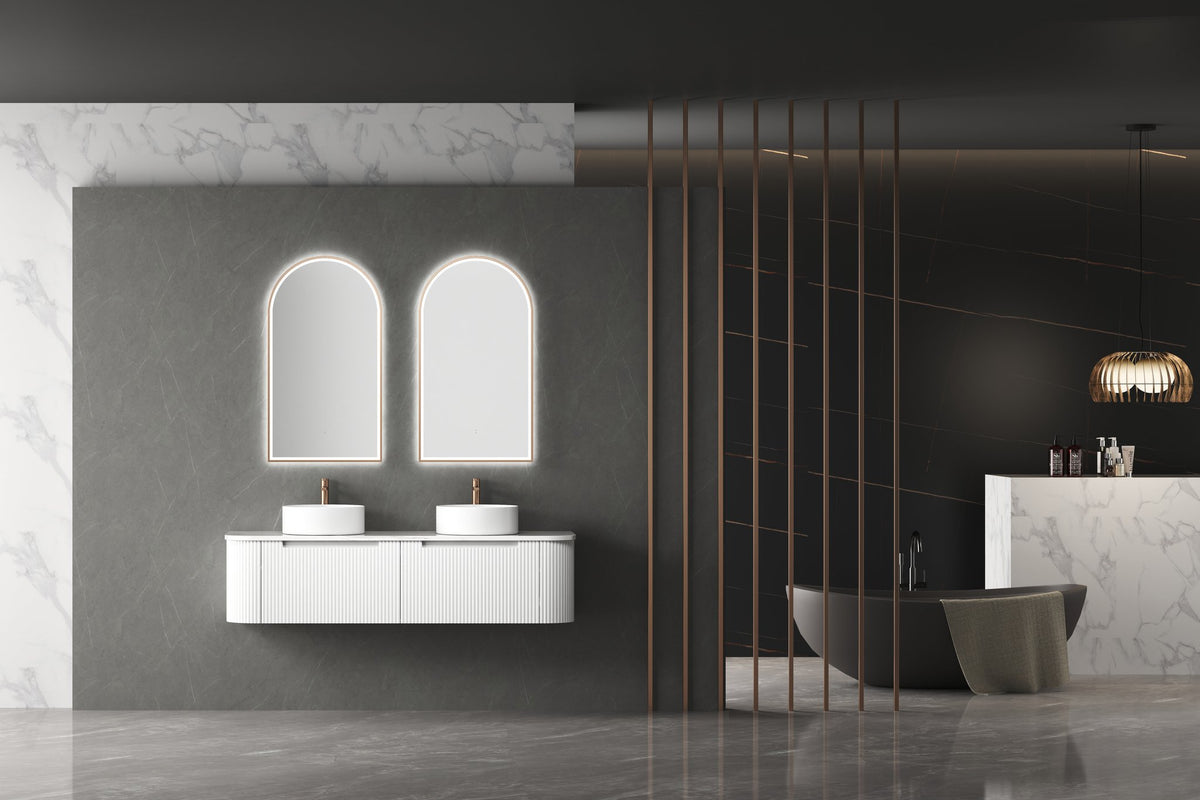 Aulic Beau Monde Oblong LED Mirror, brushed gold, styled bathroom