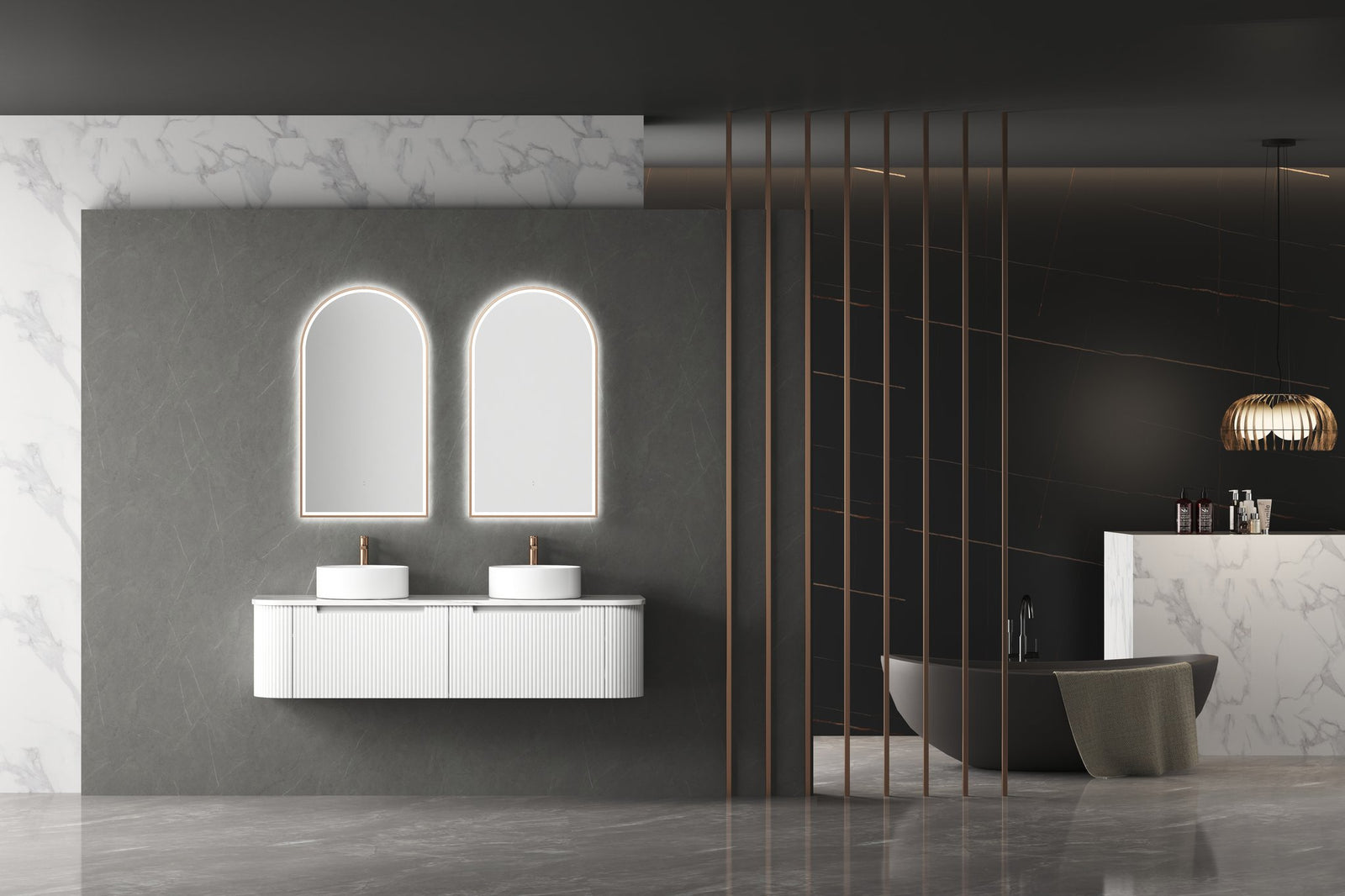 Aulic Beau Monde Oblong LED Mirror, brushed gold, styled bathroom