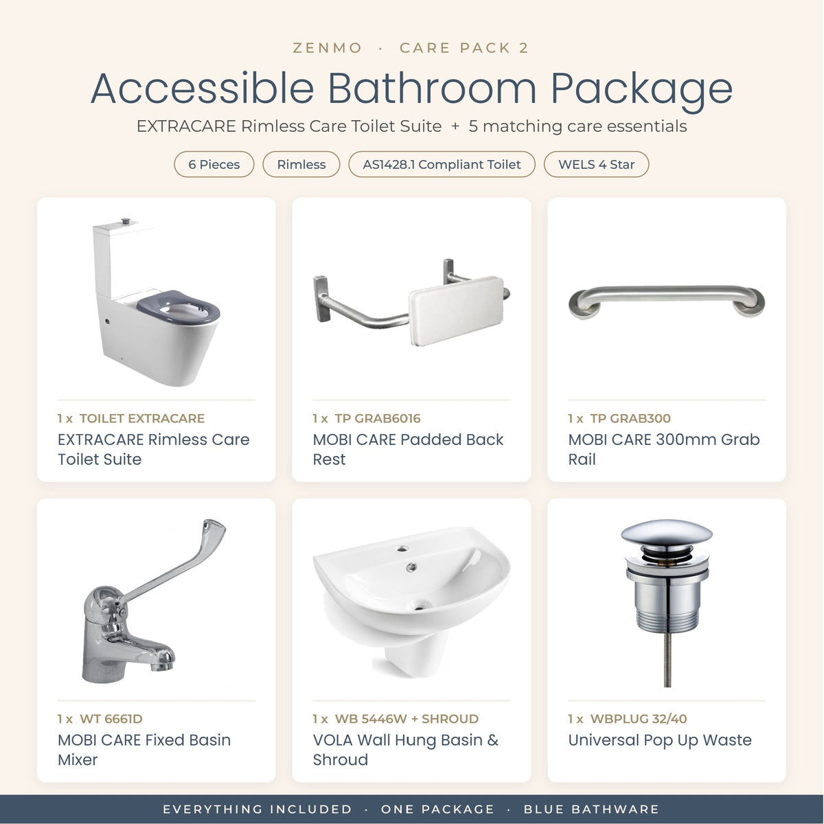 Zenmo Care Pack 2 – EXTRACARE Rimless Accessible Bathroom 6 Piece Package