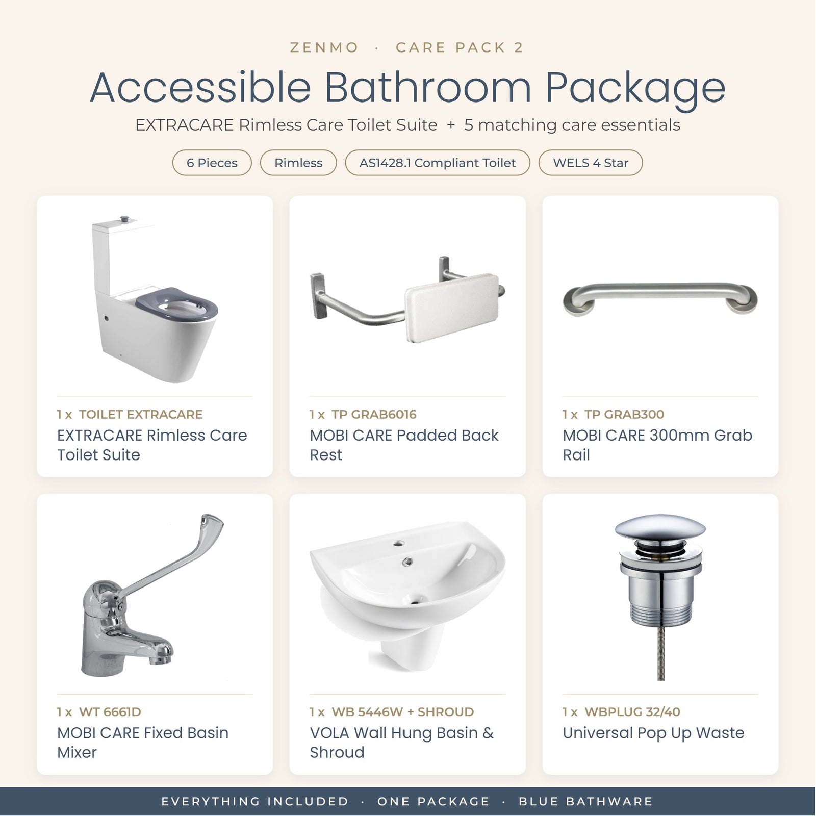 Zenmo Care Pack 2 – EXTRACARE Rimless Accessible Bathroom 6 Piece Package