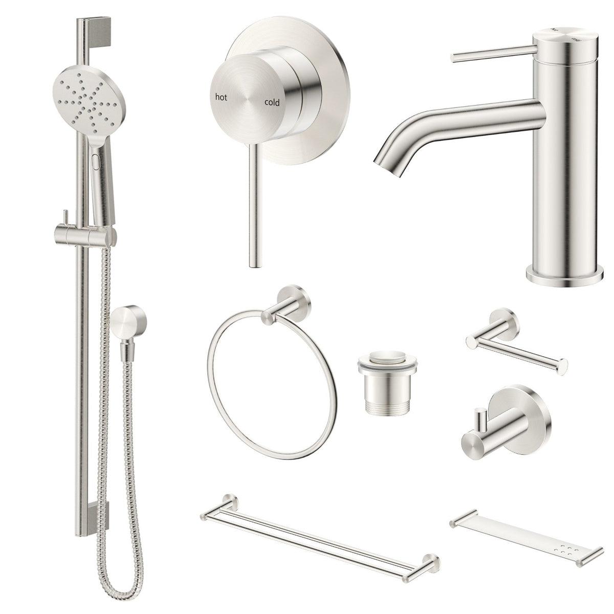 Bella Vista Mica 10-Piece Bathroom Package Builder - Brushed Nickel: every piece in the package