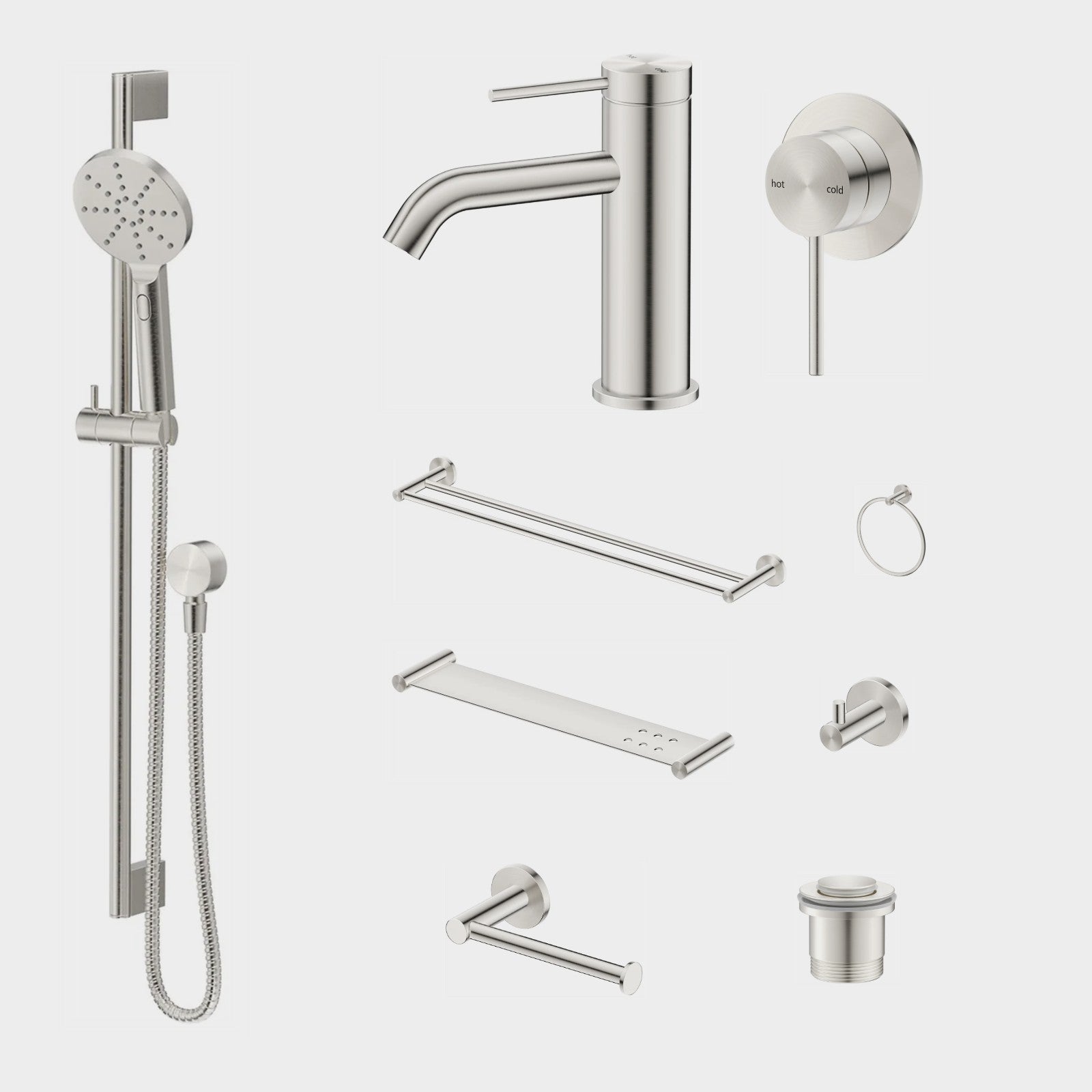 Bella Vista Mica 10-Piece Bathroom Package Builder - Brushed Nickel: every piece in the package