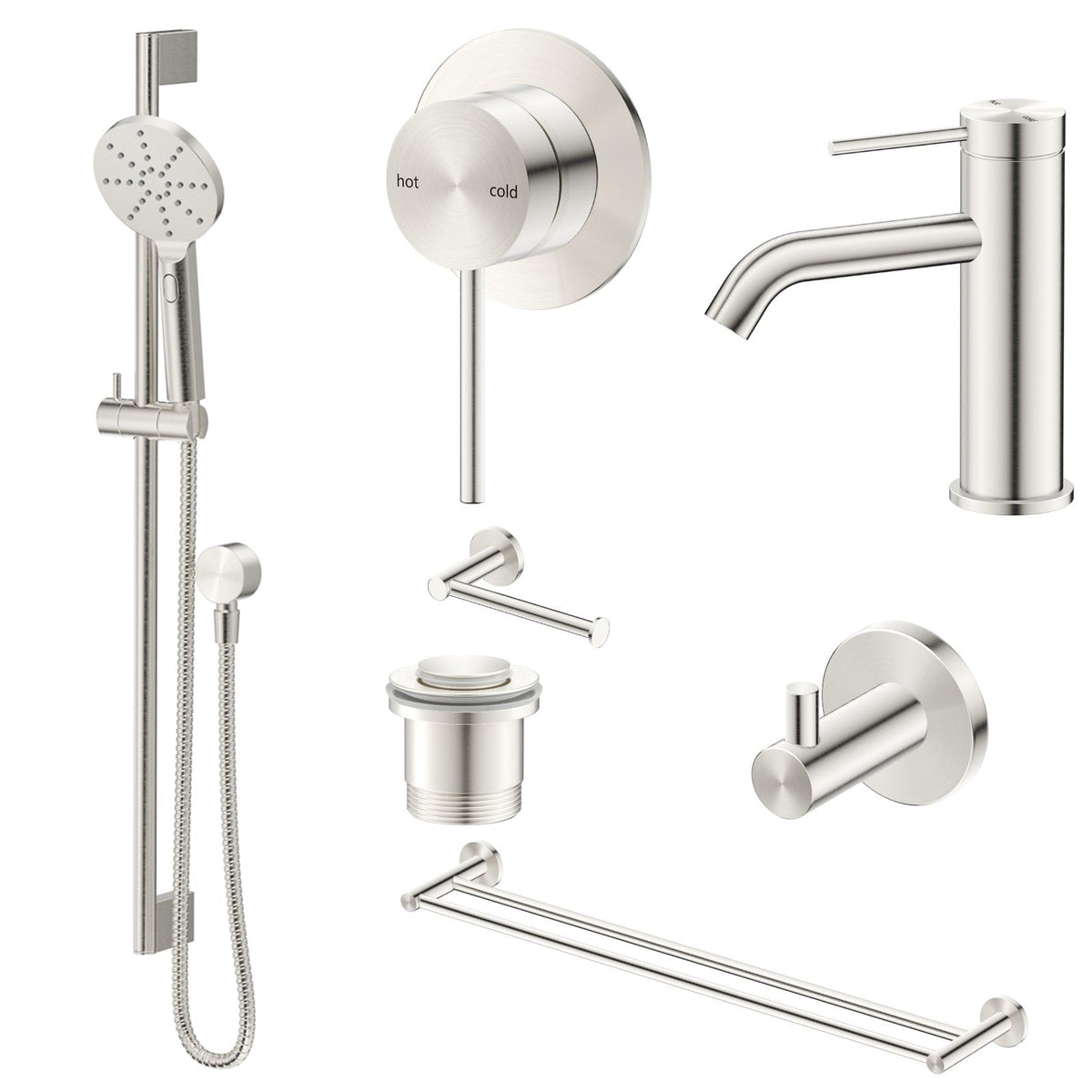 Bella Vista Mica 8-Piece Bathroom Package Builder - Brushed Nickel: every piece in the package