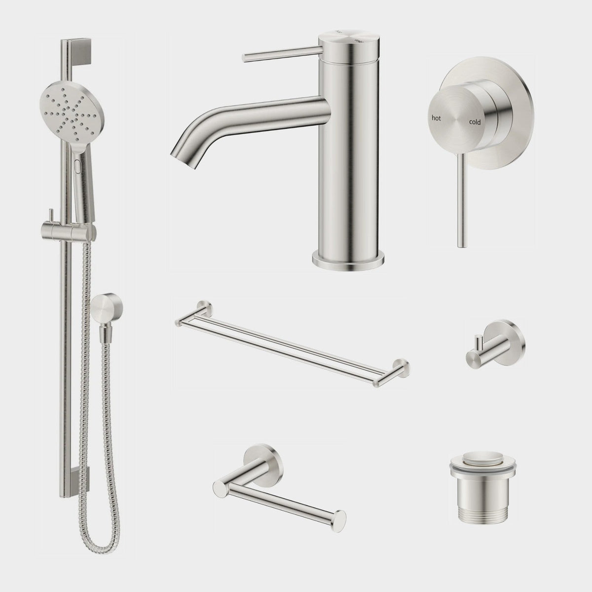 Bella Vista Mica 8-Piece Bathroom Package Builder - Brushed Nickel: every piece in the package