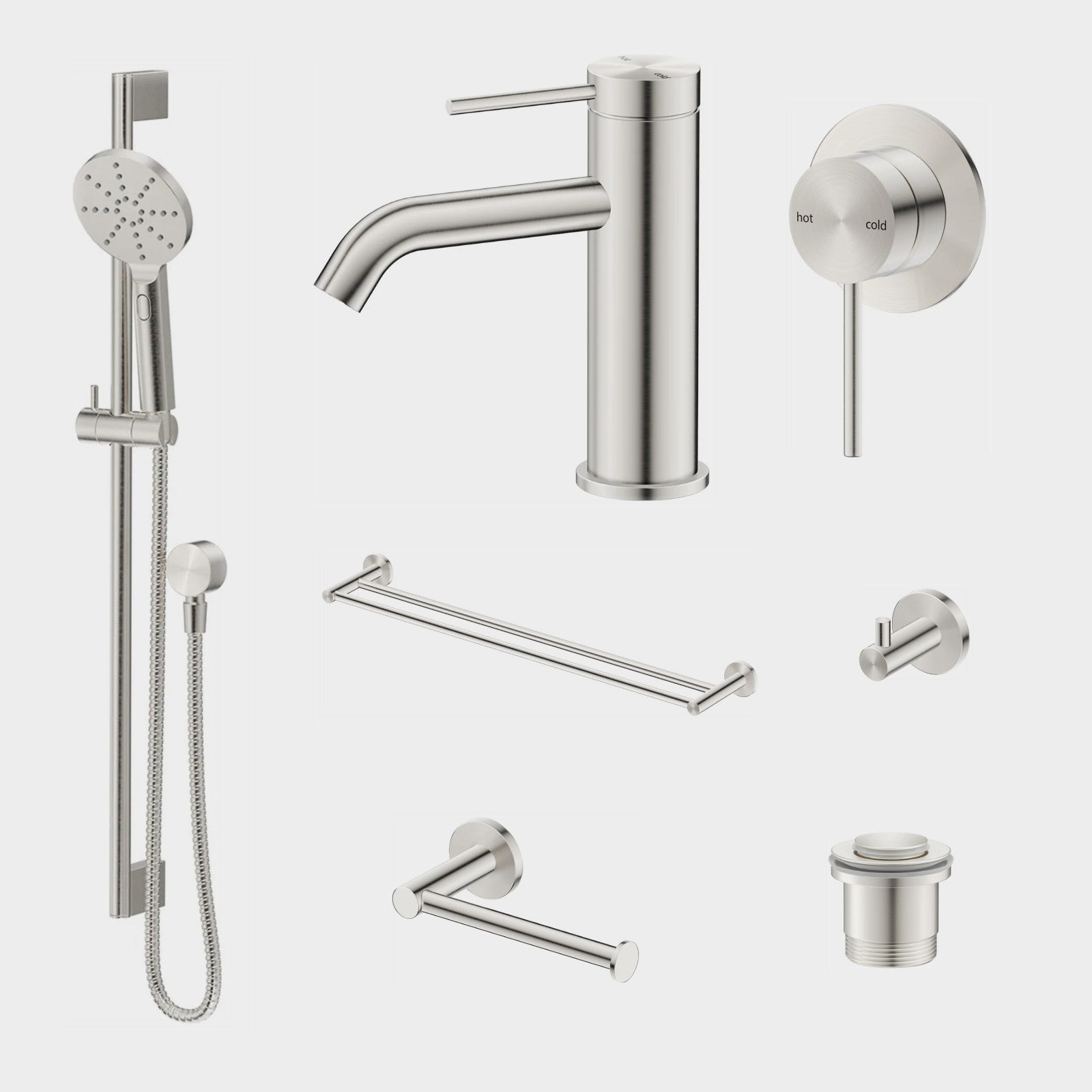 Bella Vista Mica 8-Piece Bathroom Package Builder - Brushed Nickel: every piece in the package