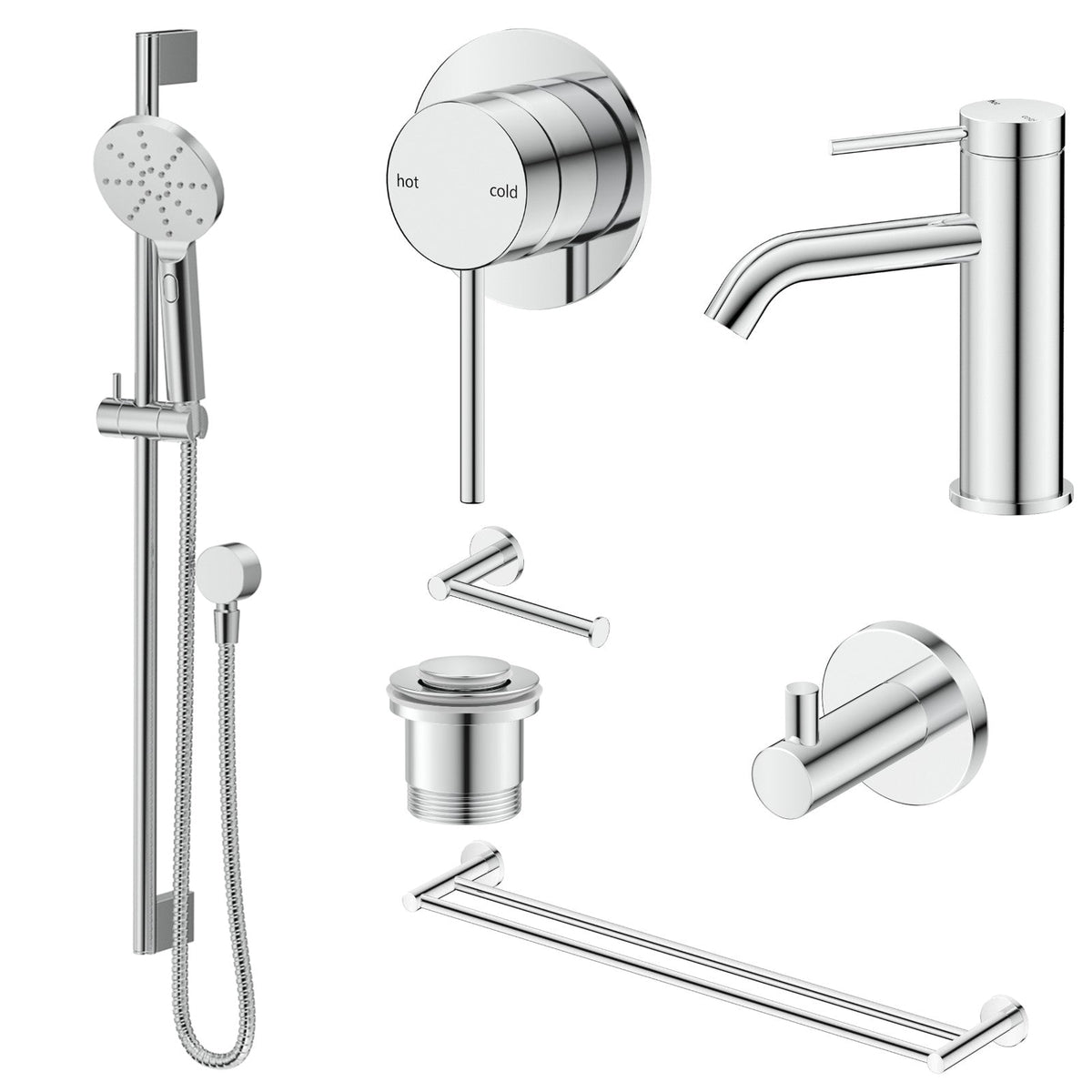 Bella Vista Mica 8-Piece Bathroom Package Builder - Chrome: every piece in the package