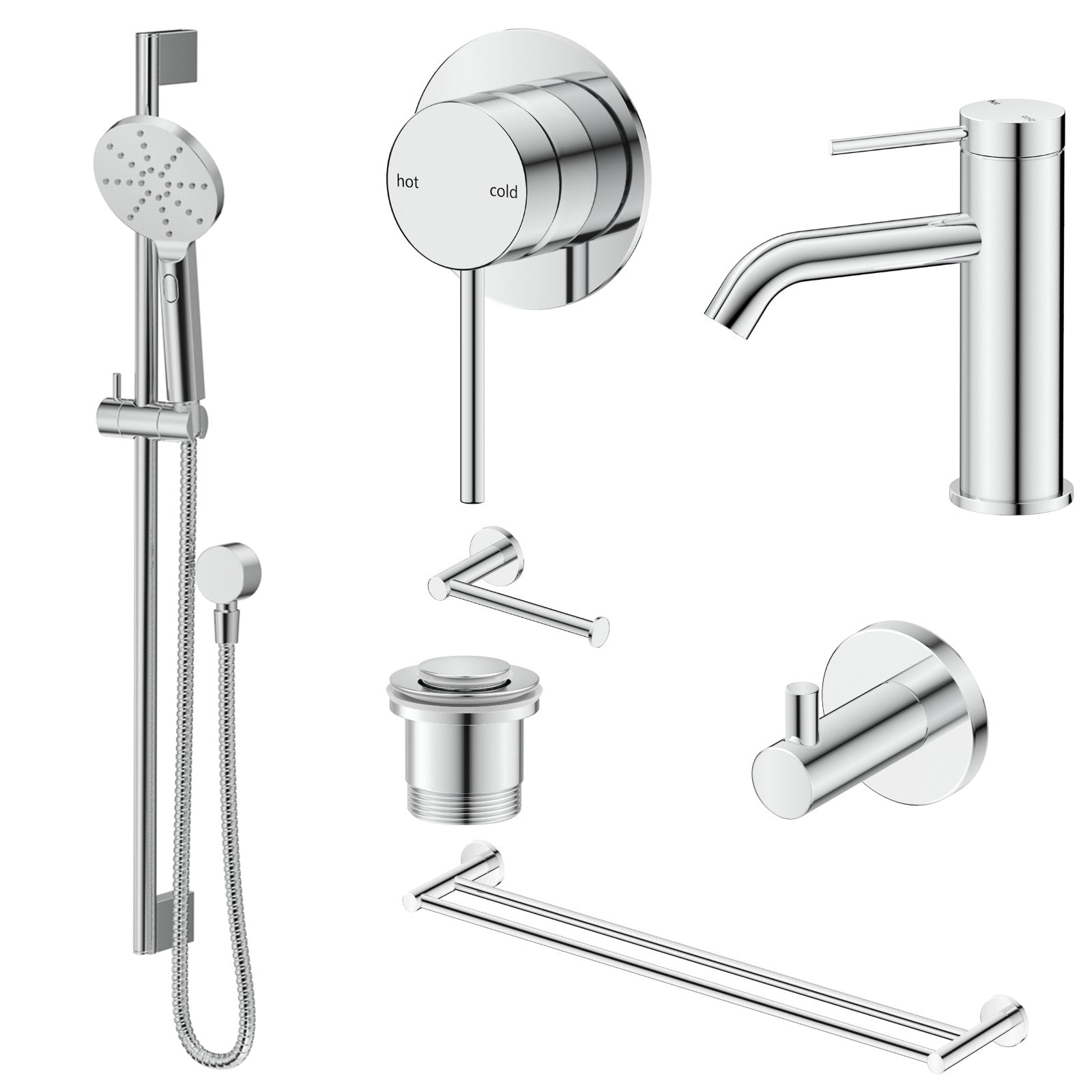 Bella Vista Mica 8-Piece Bathroom Package Builder - Chrome: every piece in the package
