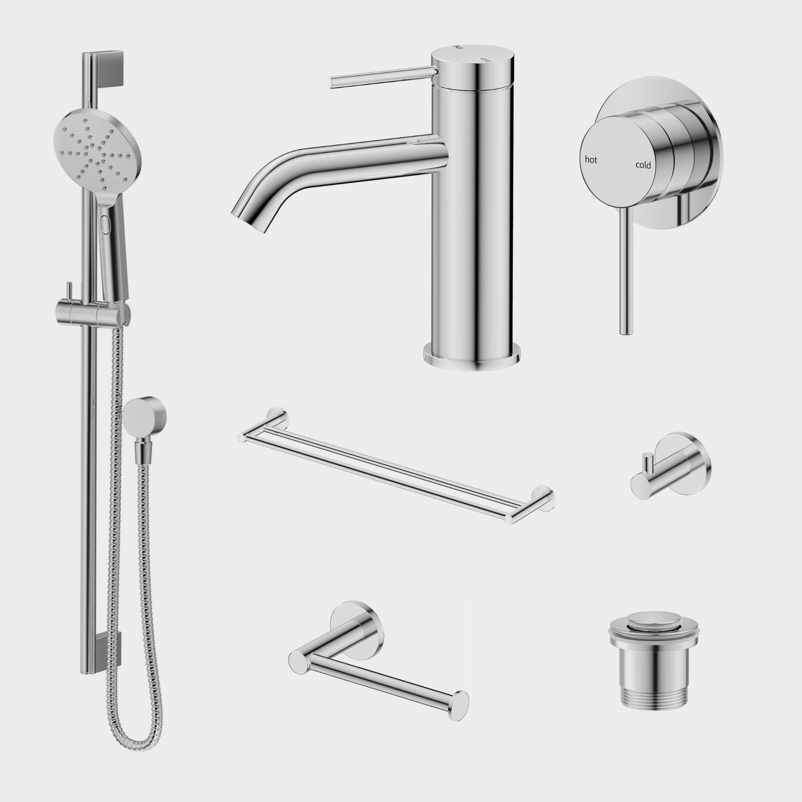 Bella Vista Mica 8-Piece Bathroom Package Builder - Chrome: every piece in the package