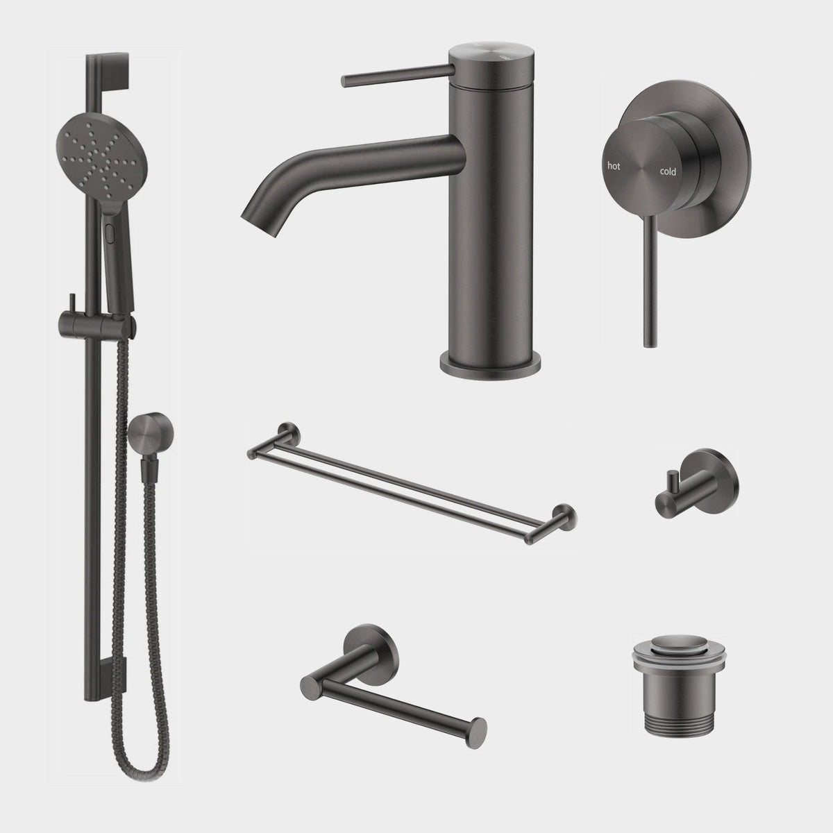 Bella Vista Mica 8-Piece Bathroom Package Builder - Gun Metal: every piece in the package
