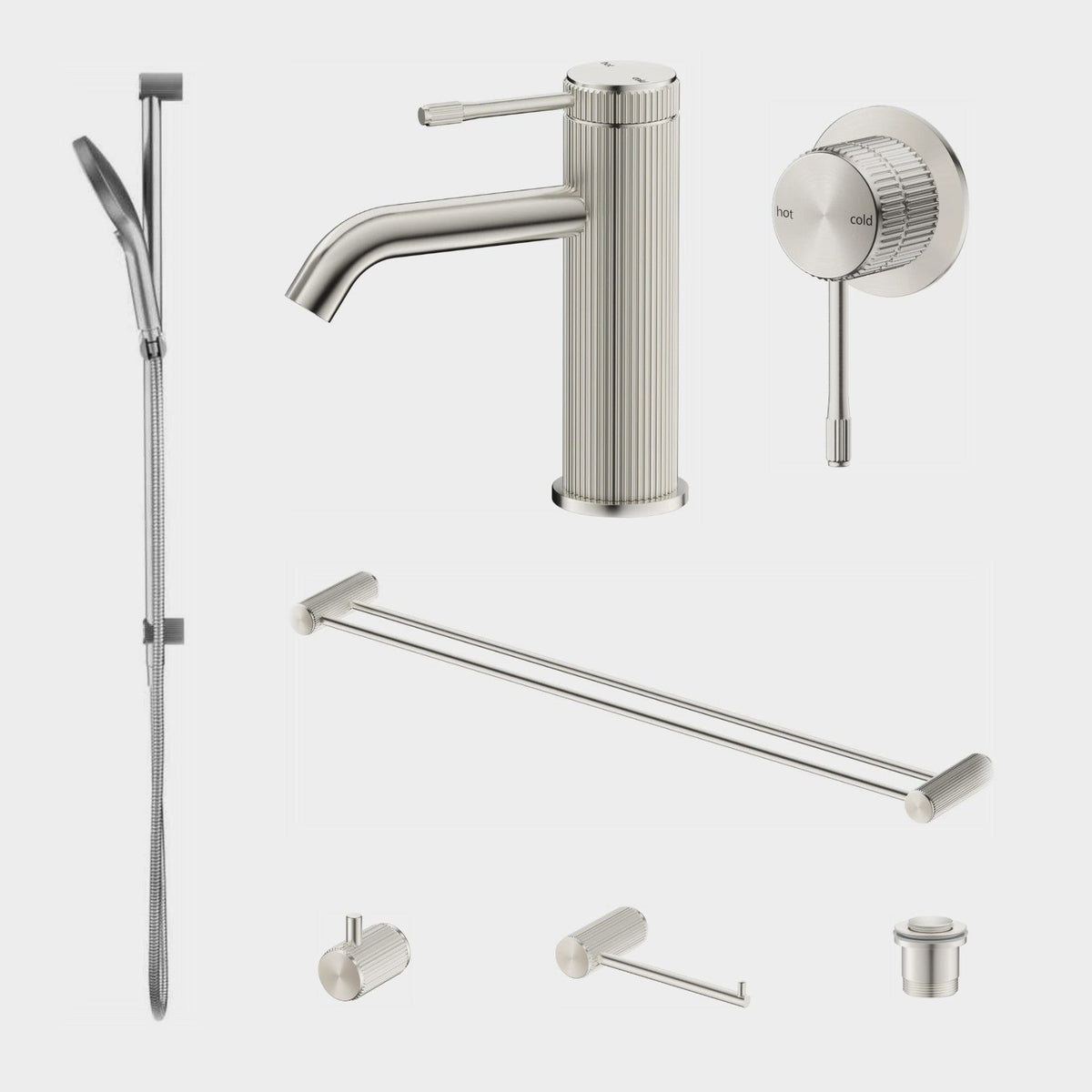 Bella Vista Mica Fluted 7-Piece Bathroom Package Builder - Brushed Nickel: every piece in the package