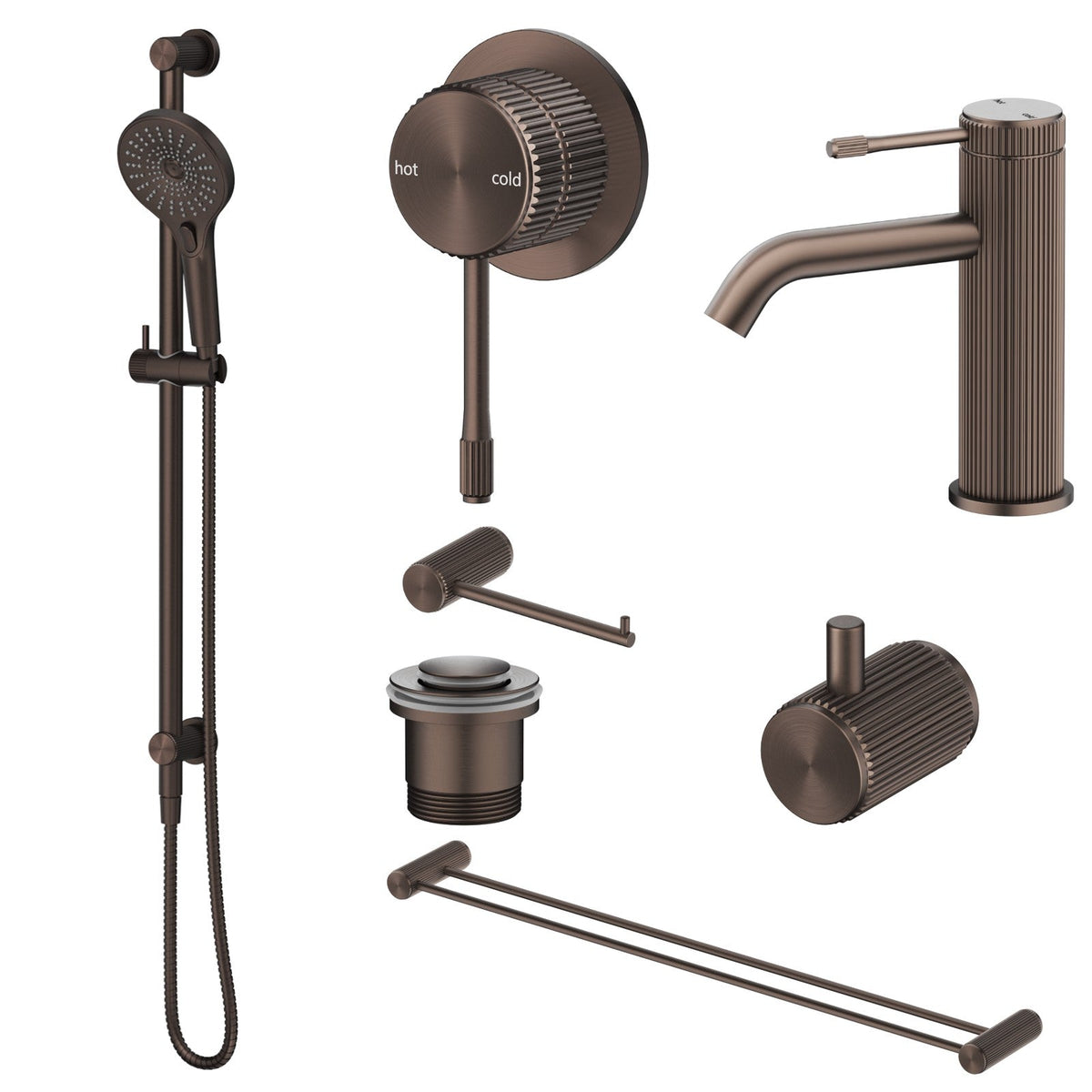 Bella Vista Mica Fluted 7-Piece Bathroom Package Builder - Dusk Bronze: every piece in the package
