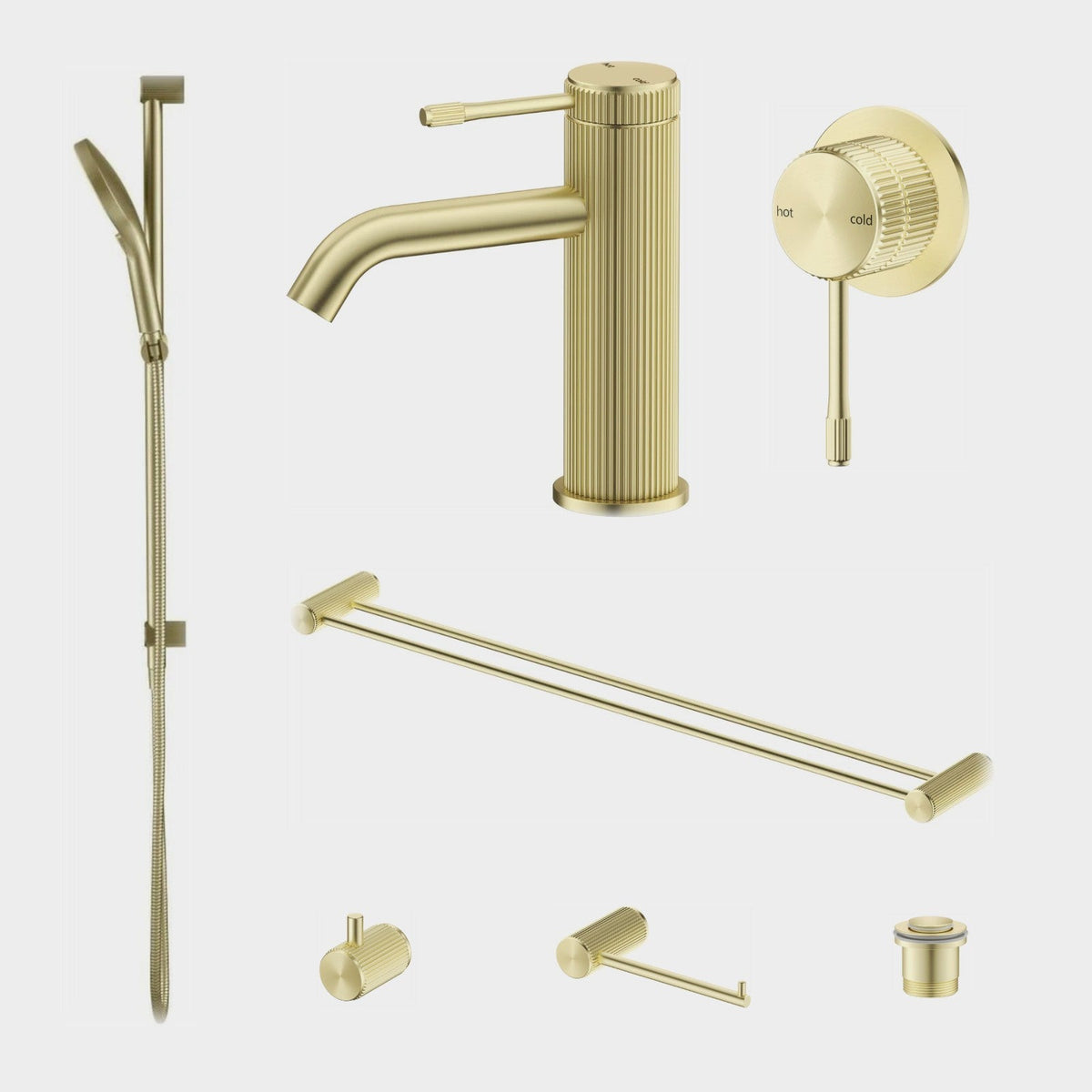 Bella Vista Mica Fluted 7-Piece Bathroom Package Builder - French Gold: every piece in the package