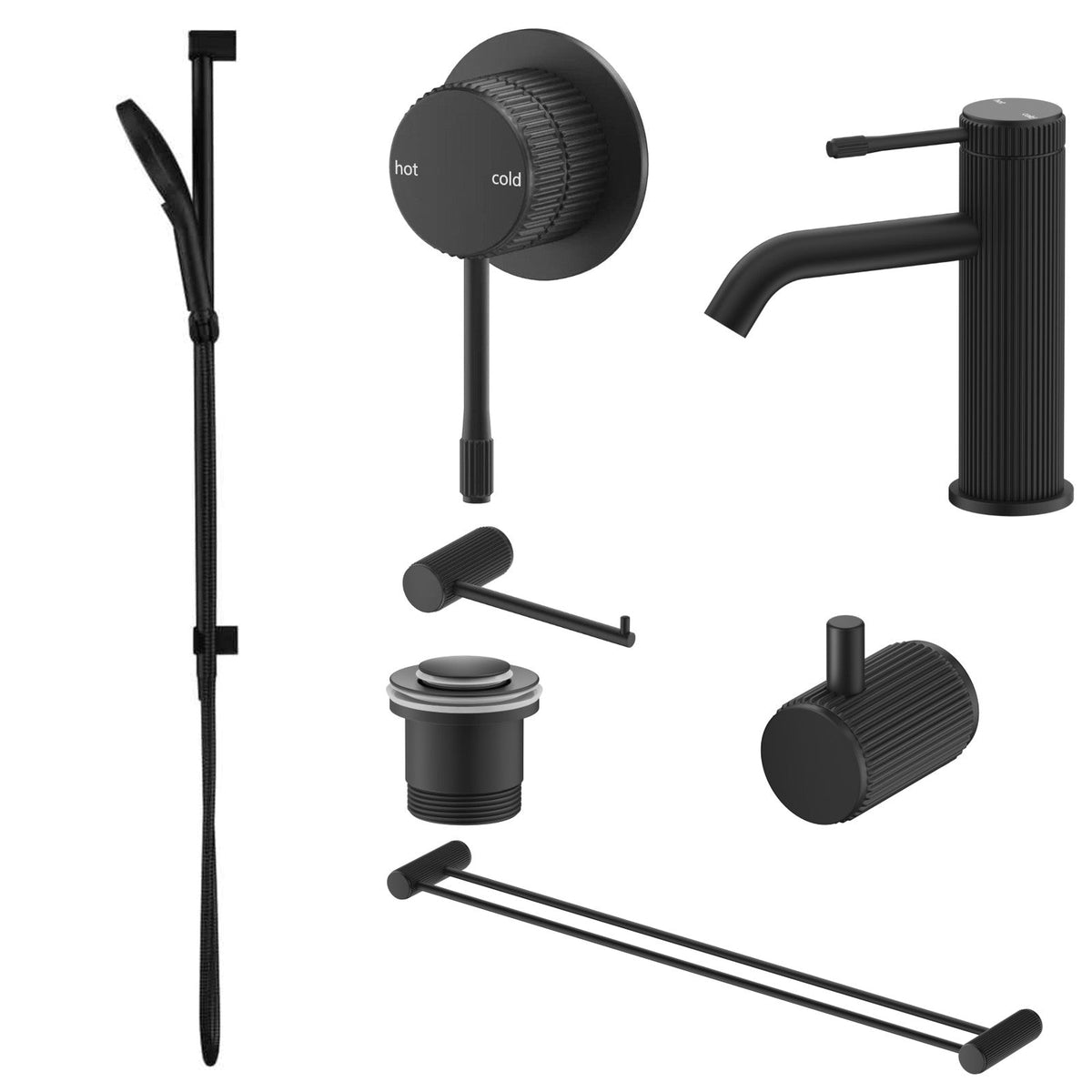 Bella Vista Mica Fluted 7-Piece Bathroom Package Builder - Matte Black: every piece in the package