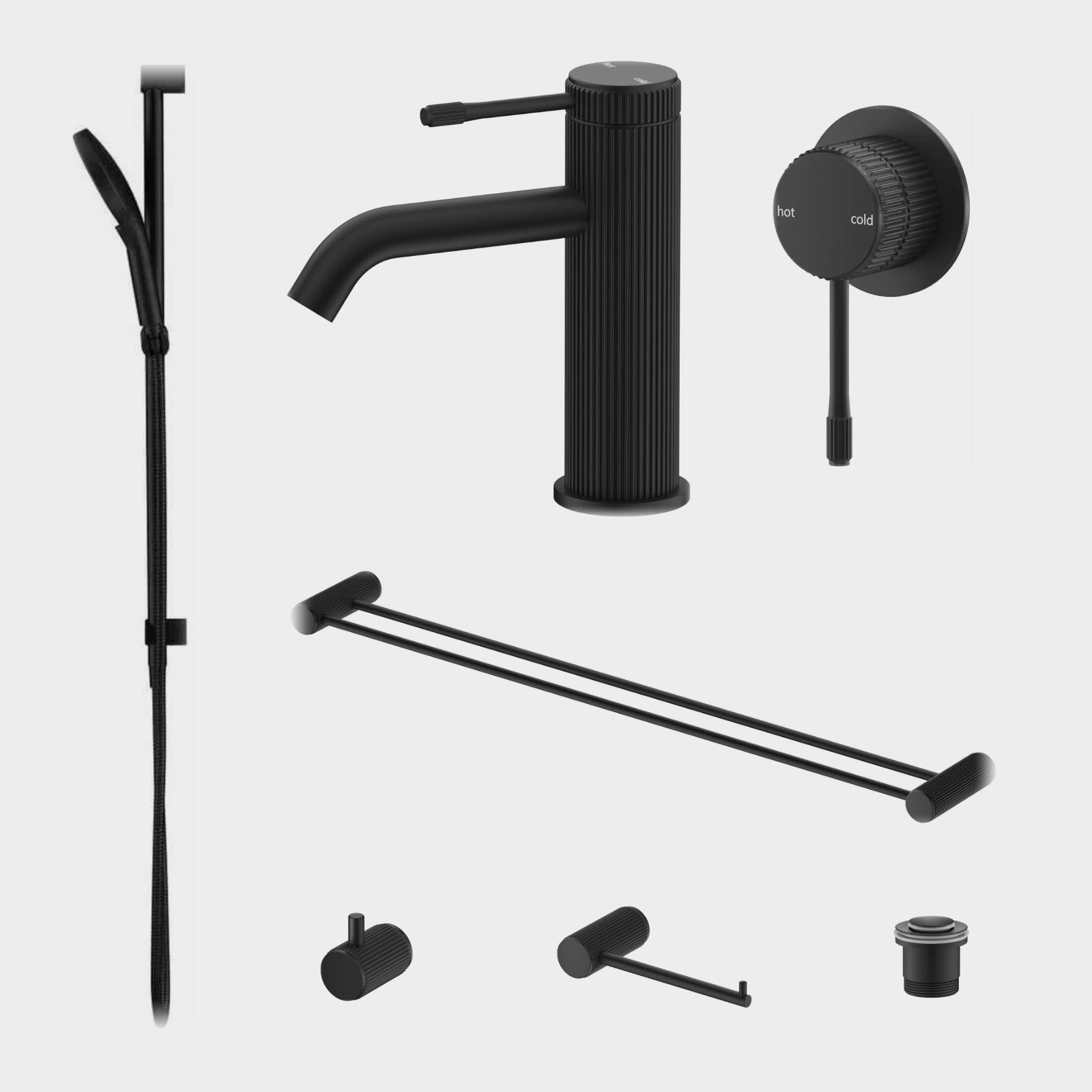 Bella Vista Mica Fluted 7-Piece Bathroom Package Builder - Matte Black: every piece in the package