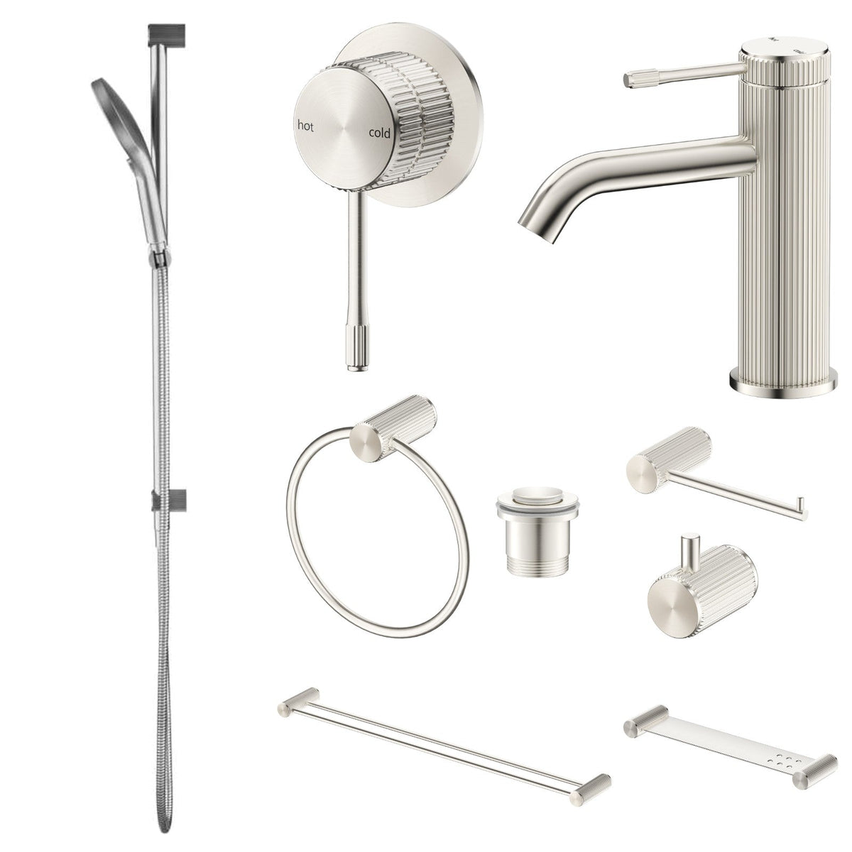 Bella Vista Mica Fluted 9-Piece Bathroom Package Builder - Brushed Nickel: every piece in the package