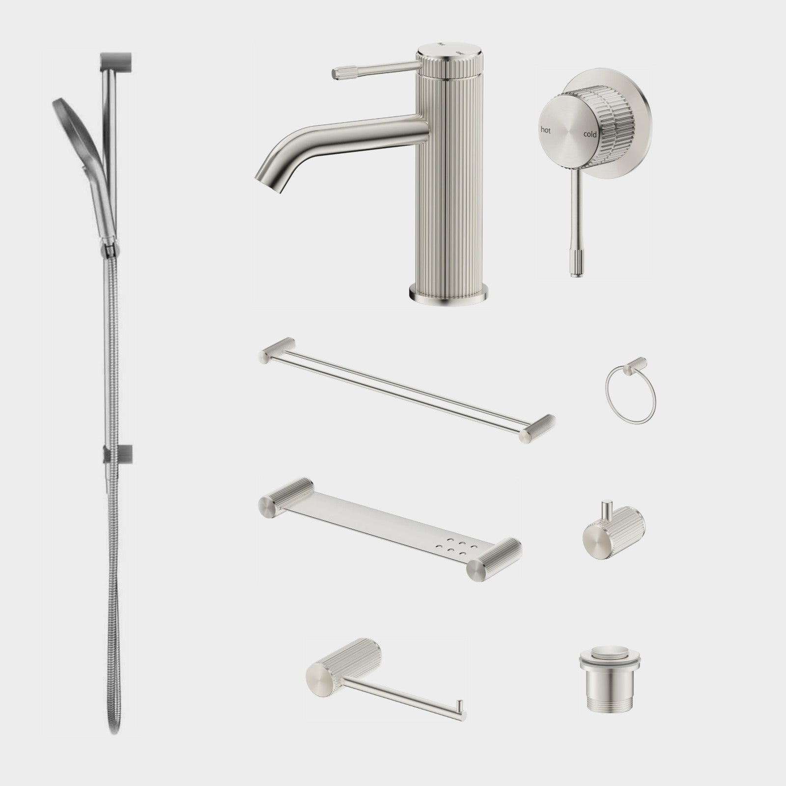 Bella Vista Mica Fluted 9-Piece Bathroom Package Builder - Brushed Nickel: every piece in the package
