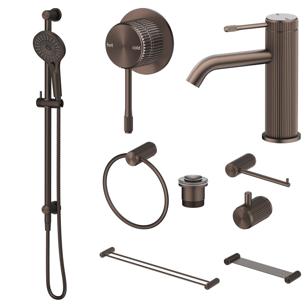 Bella Vista Mica Fluted 9-Piece Bathroom Package Builder - Dusk Bronze: every piece in the package