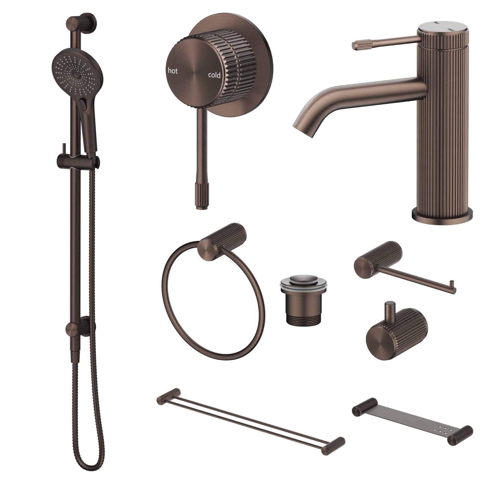 Bella Vista Mica Fluted 9-Piece Bathroom Package Builder - Dusk Bronze: every piece in the package
