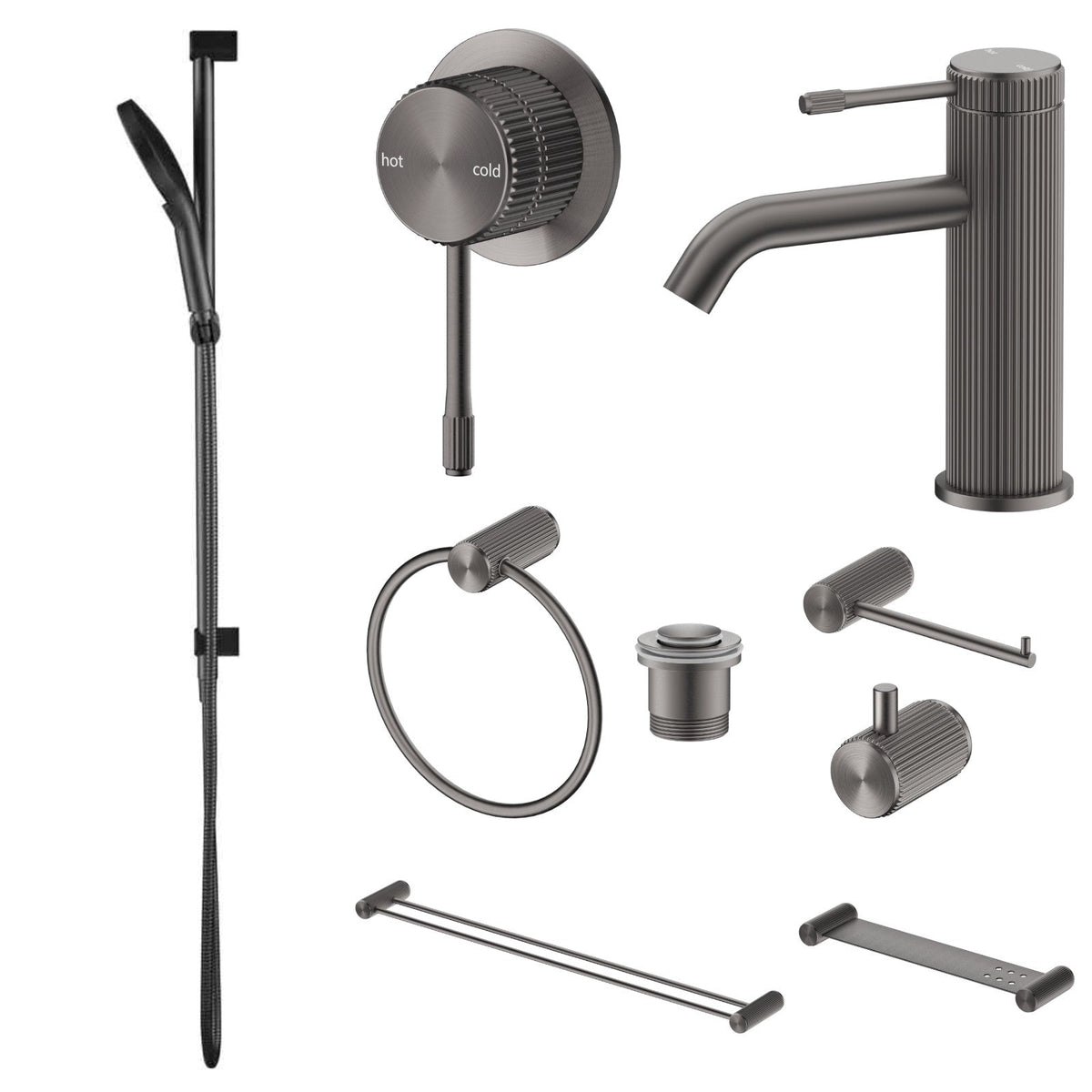 Bella Vista Mica Fluted 9-Piece Bathroom Package Builder - Gun Metal: every piece in the package