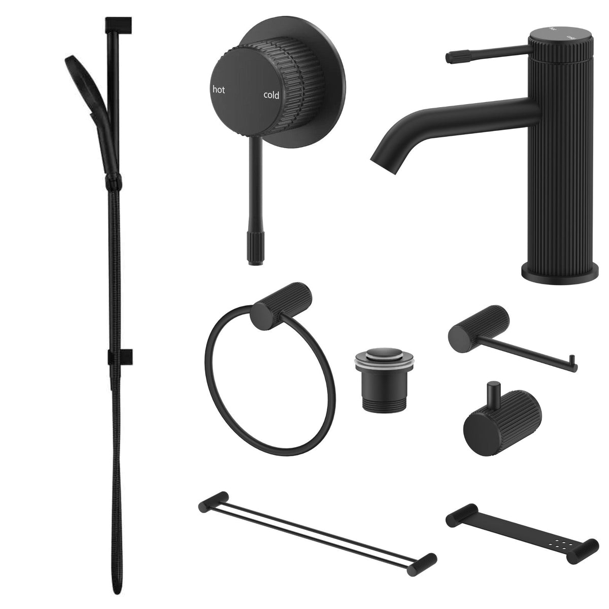 Bella Vista Mica Fluted 9-Piece Bathroom Package Builder - Matte Black: every piece in the package