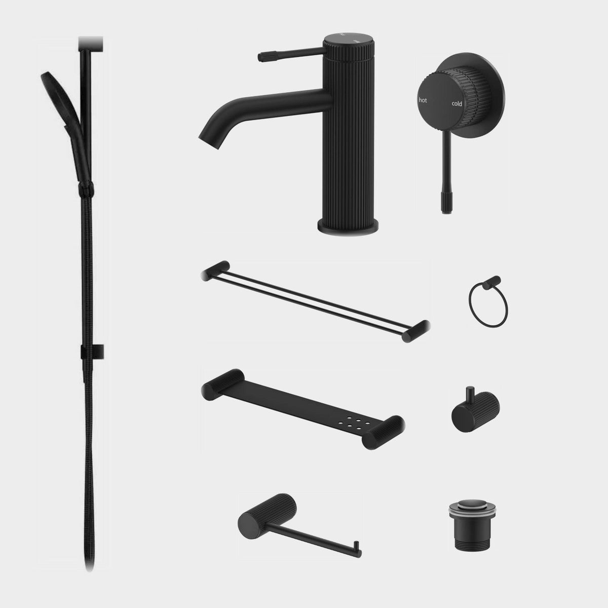 Bella Vista Mica Fluted 9-Piece Bathroom Package Builder - Matte Black: every piece in the package