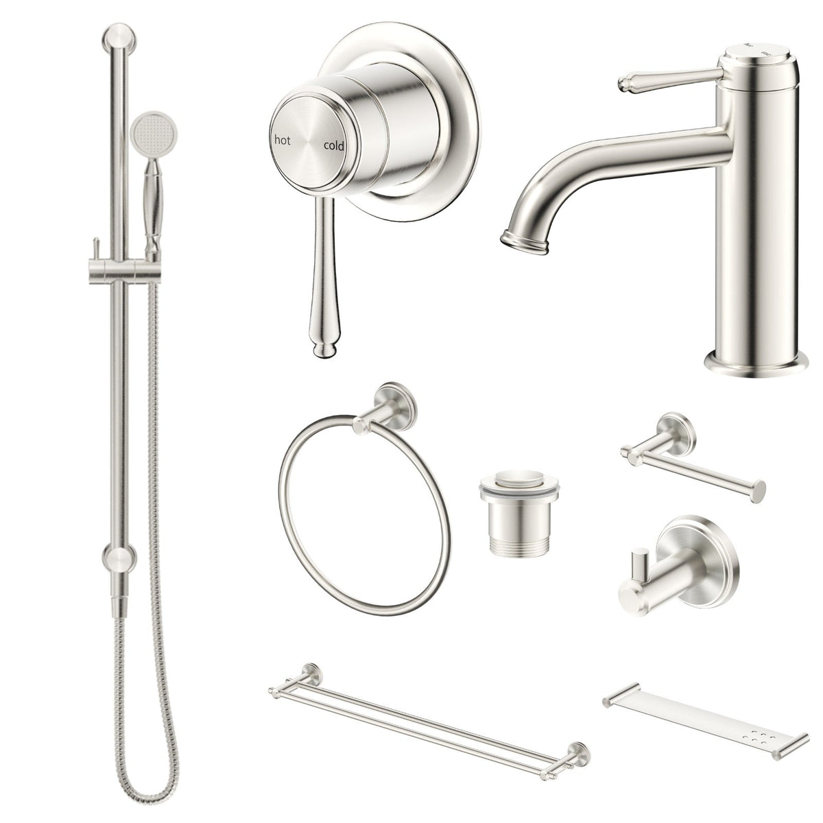 Bella Vista Mica Heritage 10-Piece Bathroom Package Builder - Brushed Nickel: every piece in the package
