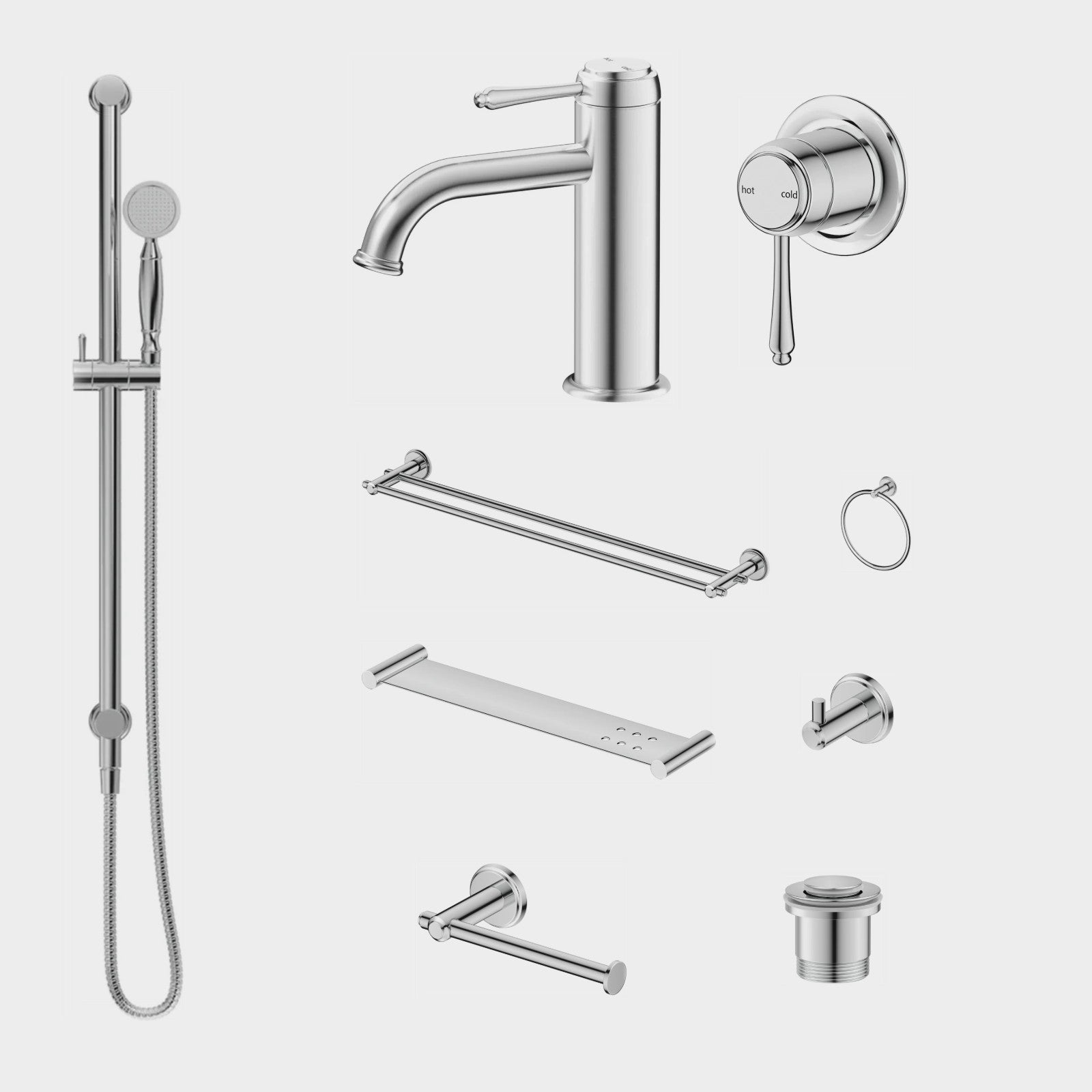 Bella Vista Mica Heritage 10-Piece Bathroom Package Builder - Chrome: every piece in the package