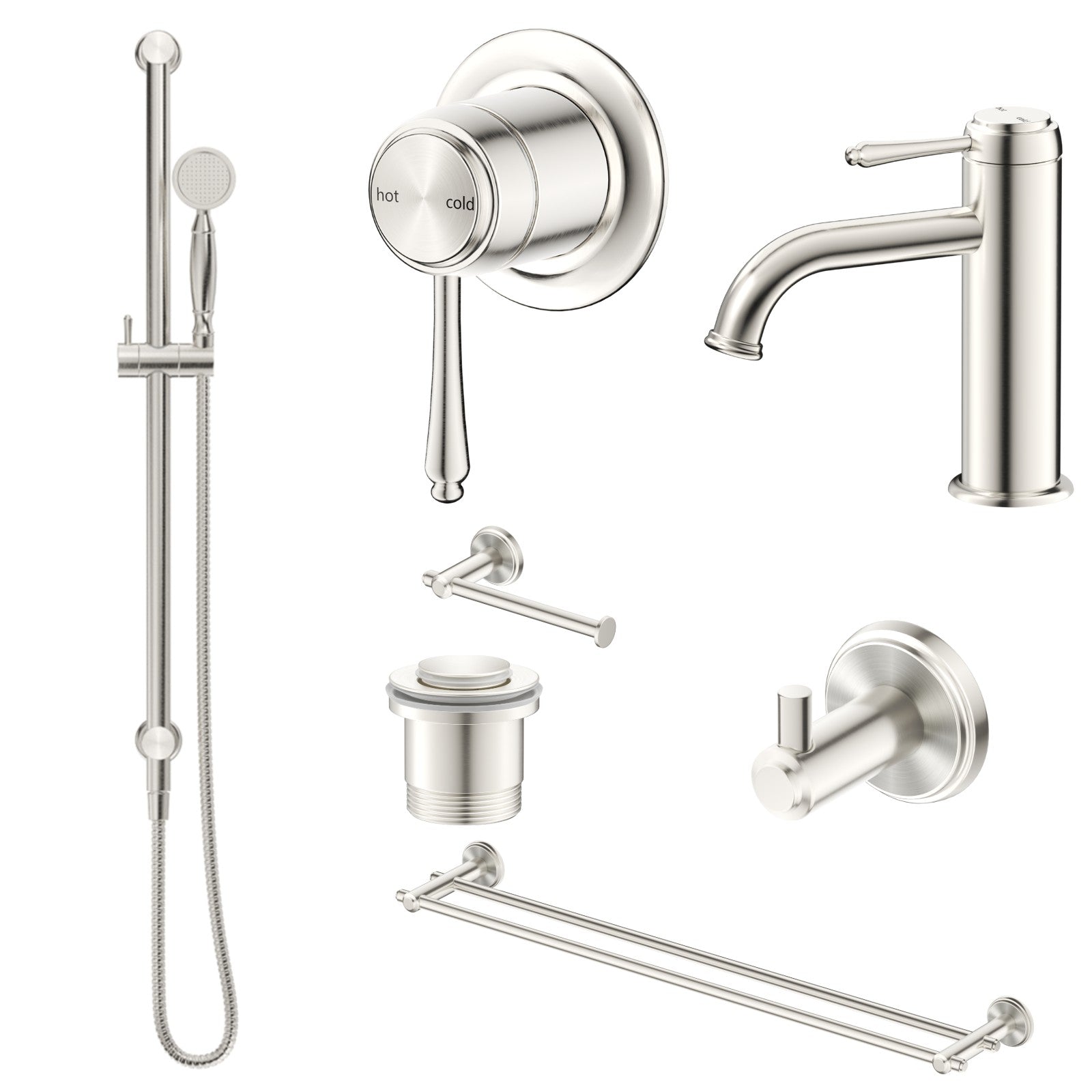 Bella Vista Mica Heritage 8-Piece Bathroom Package Builder - Brushed Nickel: every piece in the package