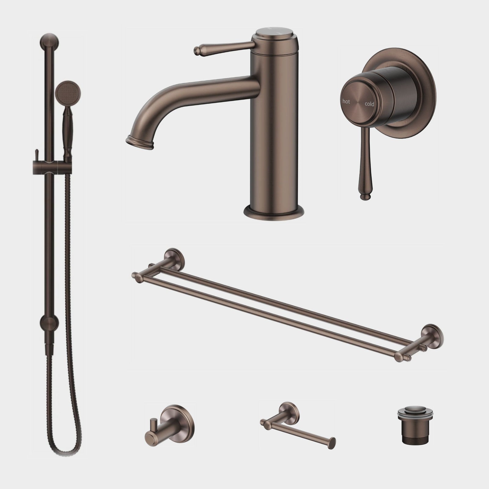 Bella Vista Mica Heritage 8-Piece Bathroom Package Builder - Dusk Bronze: every piece in the package